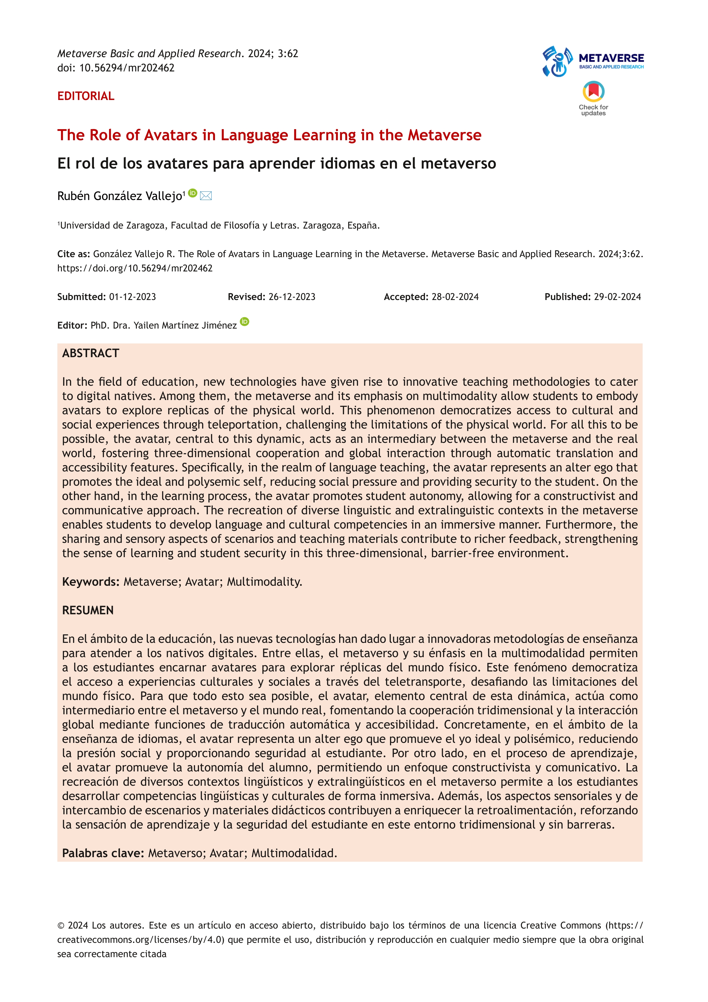 The role of avatars in language learning in the Metaverse