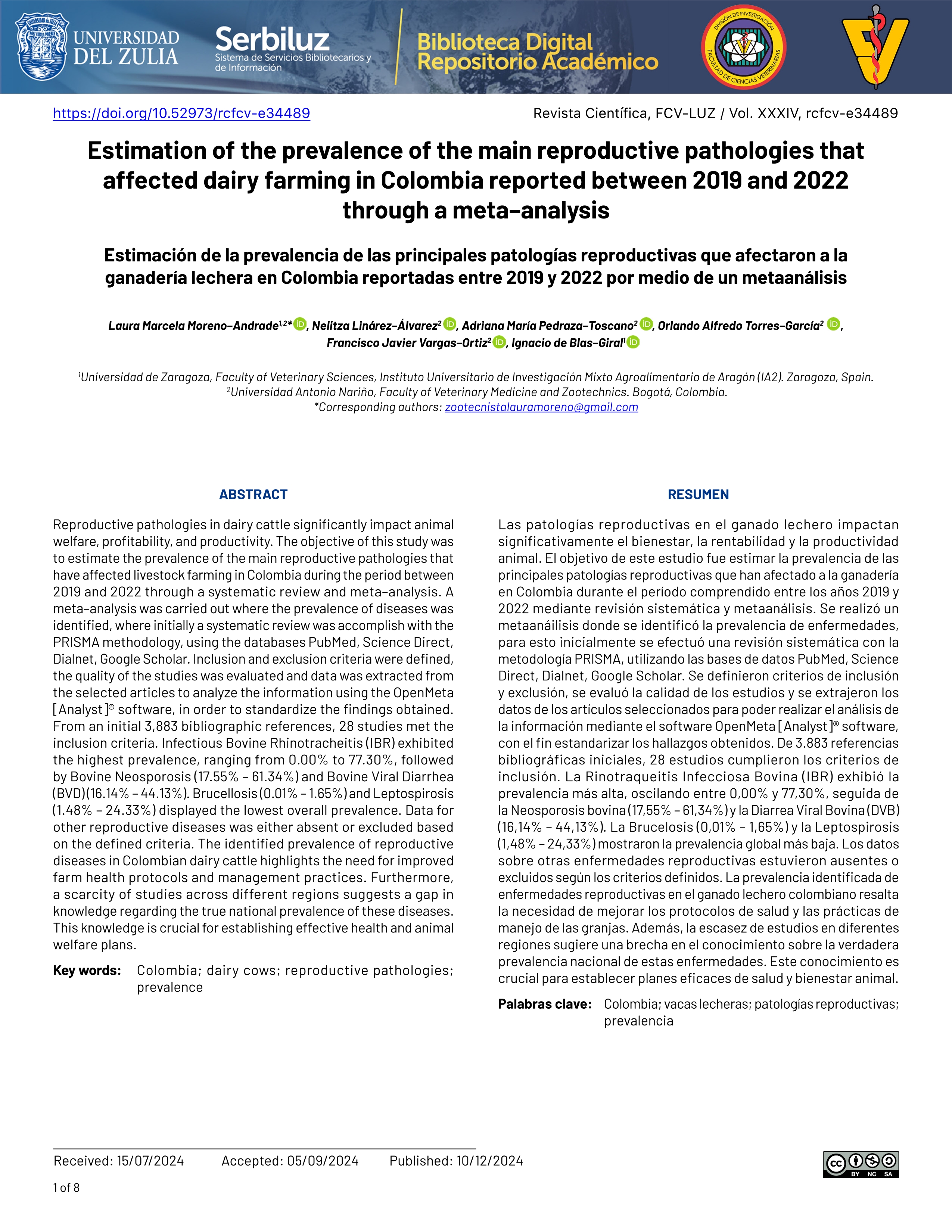Estimation of the prevalence of the main reproductive pathologies that affected dairy farming in Colombia reported between 2019 and 2022 through a metaanalysis