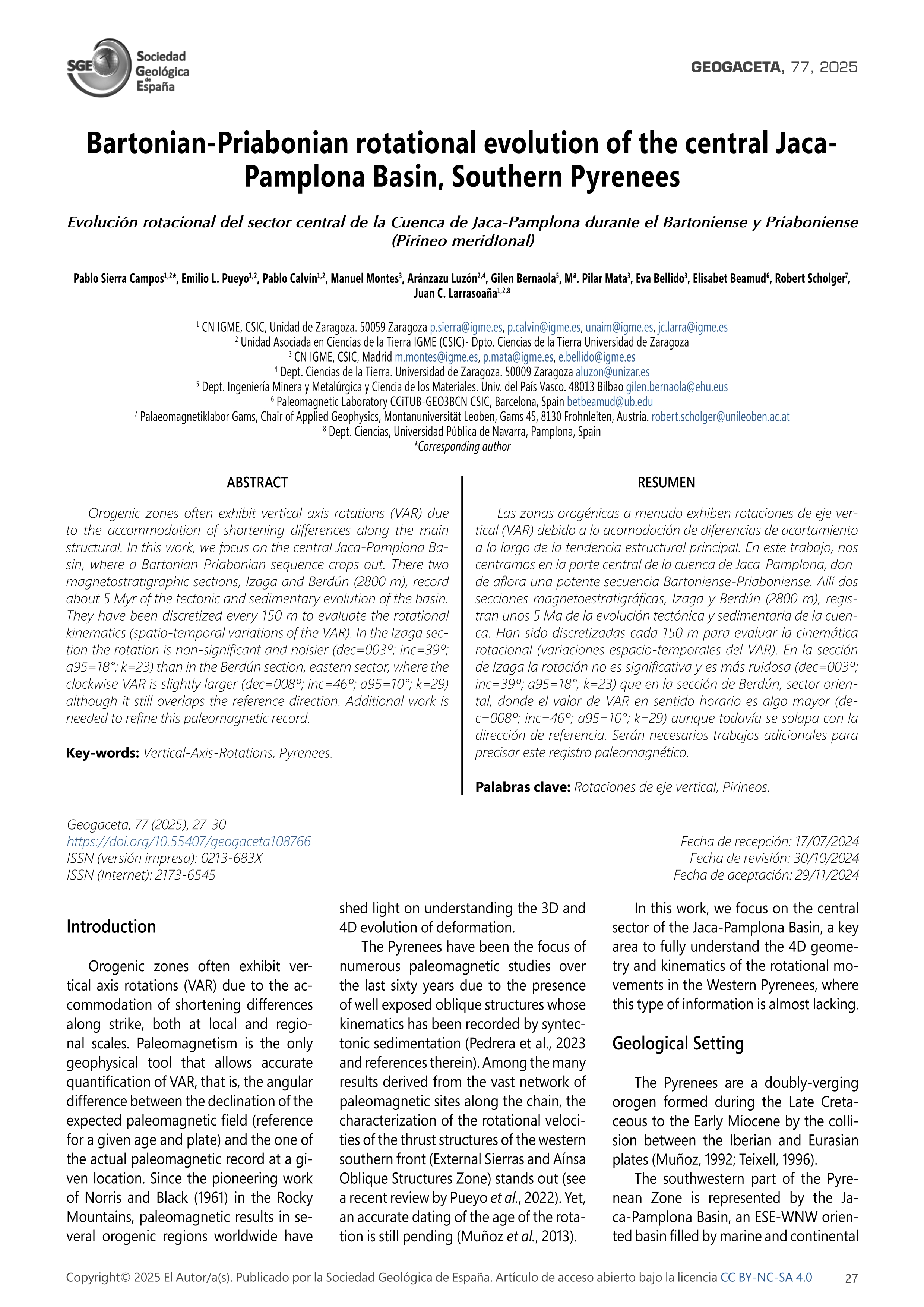 Bartonian-Priabonian rotational evolution of the central Jaca-Pamplona Basin, Southern Pyrenees