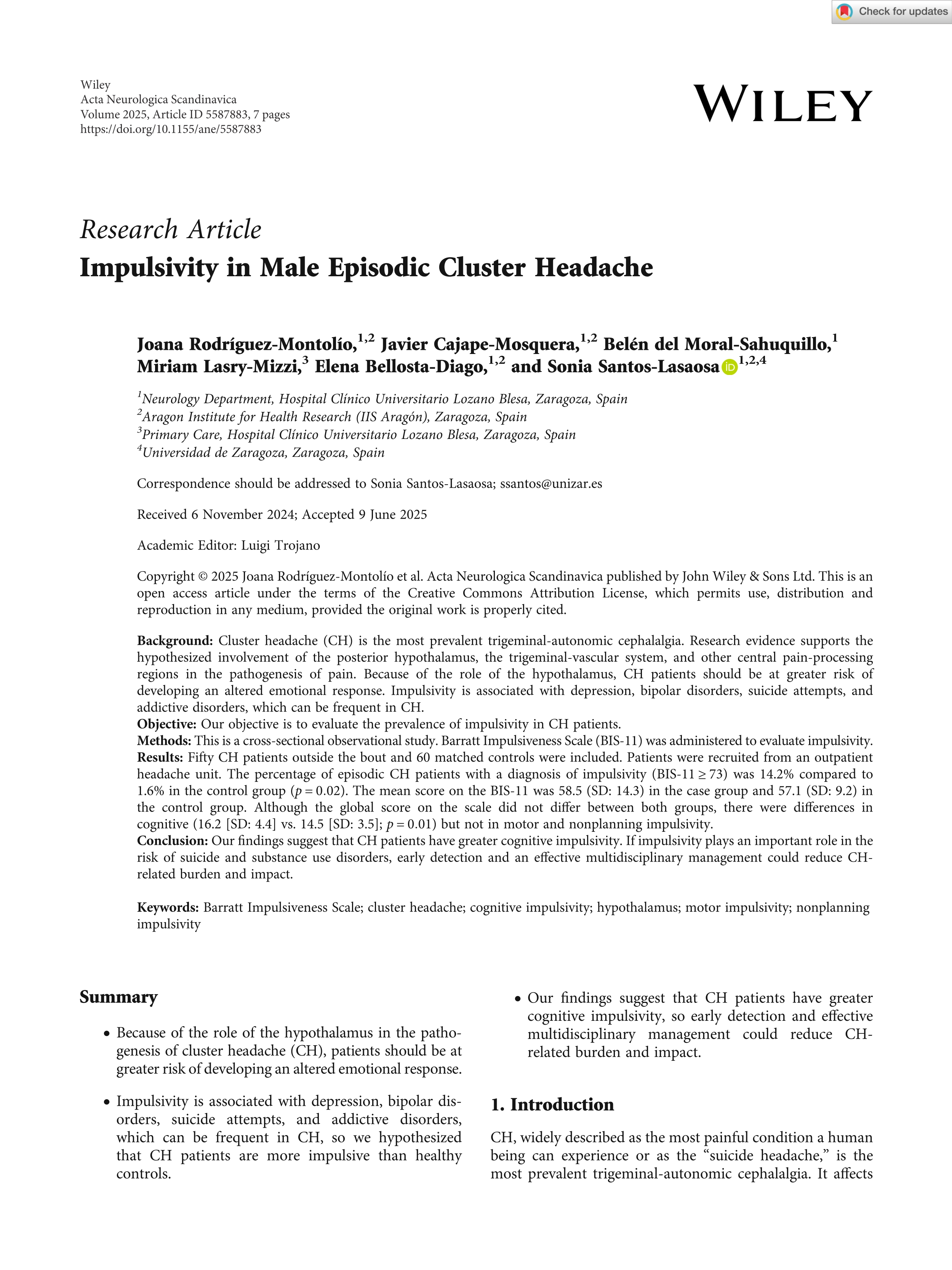 Impulsivity in Male Episodic Cluster Headache
