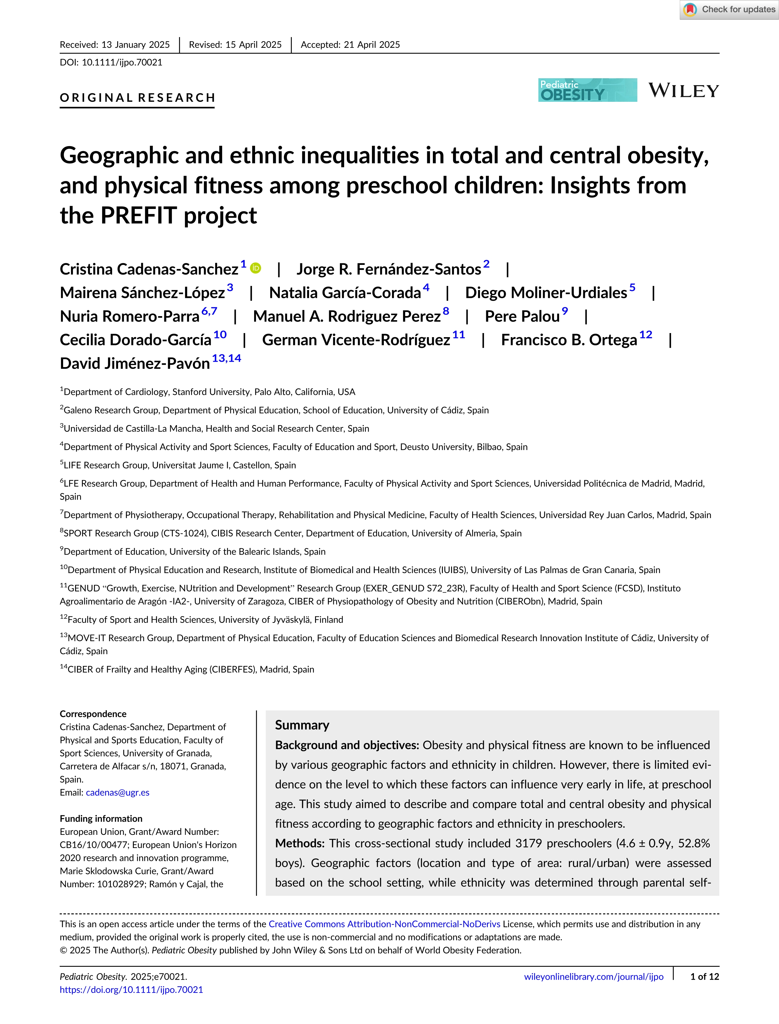 Geographic and ethnic inequalities in total and central obesity, and physical fitness among preschool children: Insights from the <scp>PREFIT</scp> project