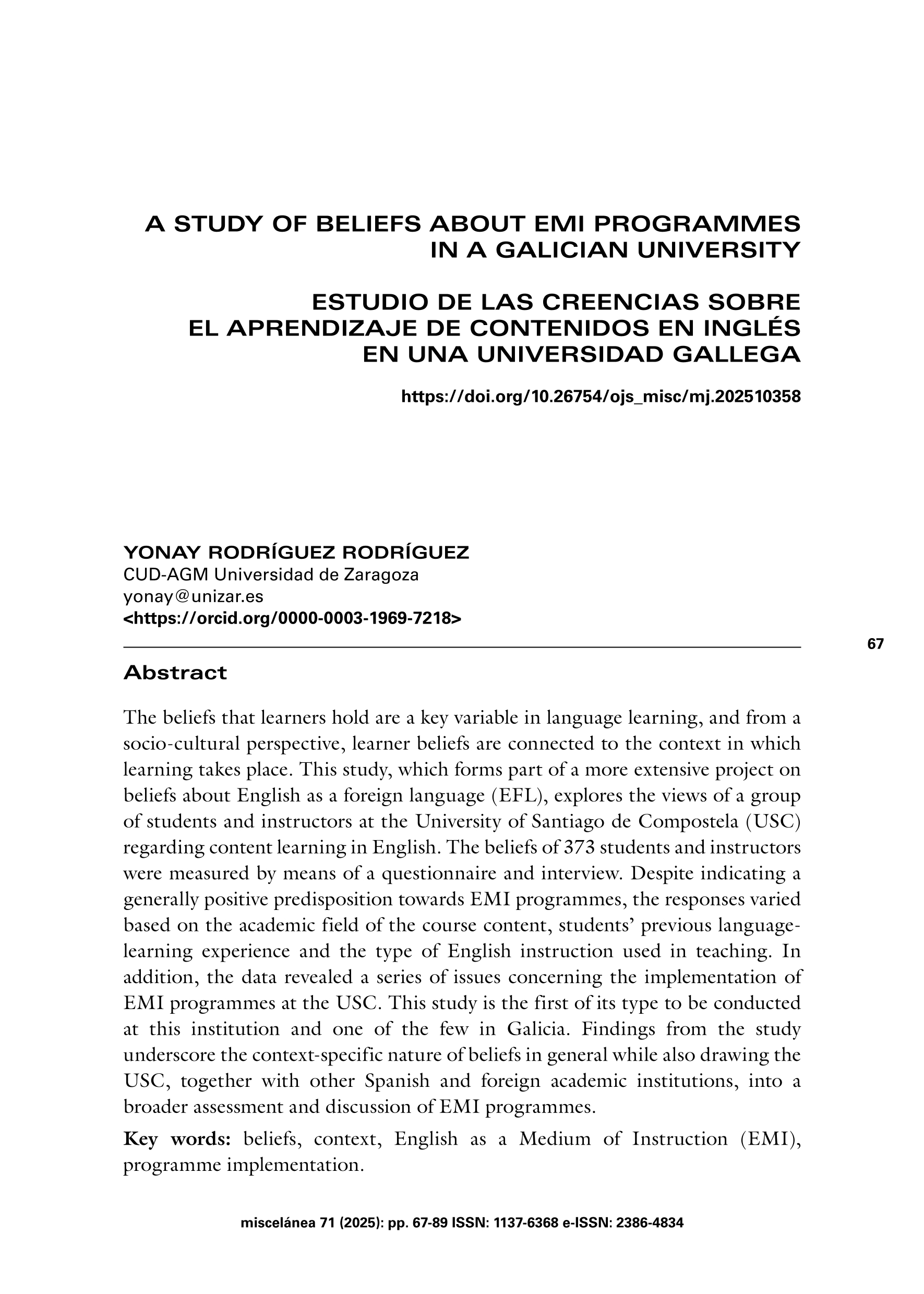 A Study of Beliefs about EMI Programmes in a Galician University