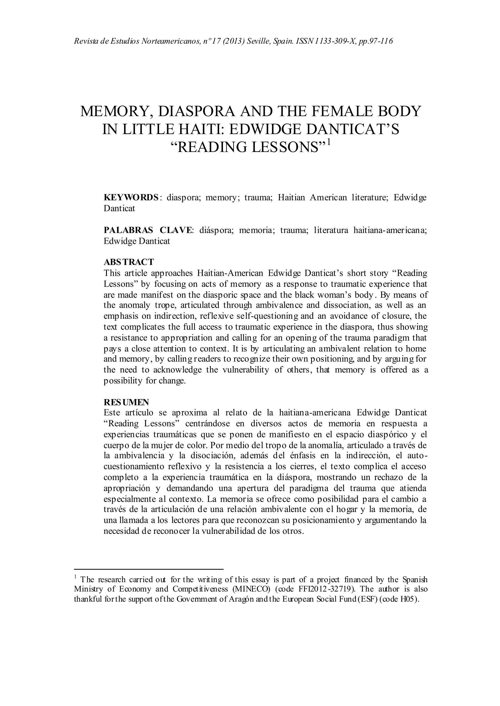 Memory, Diaspora and the Female Body in Little Haiti: Edwidge Danticat's 