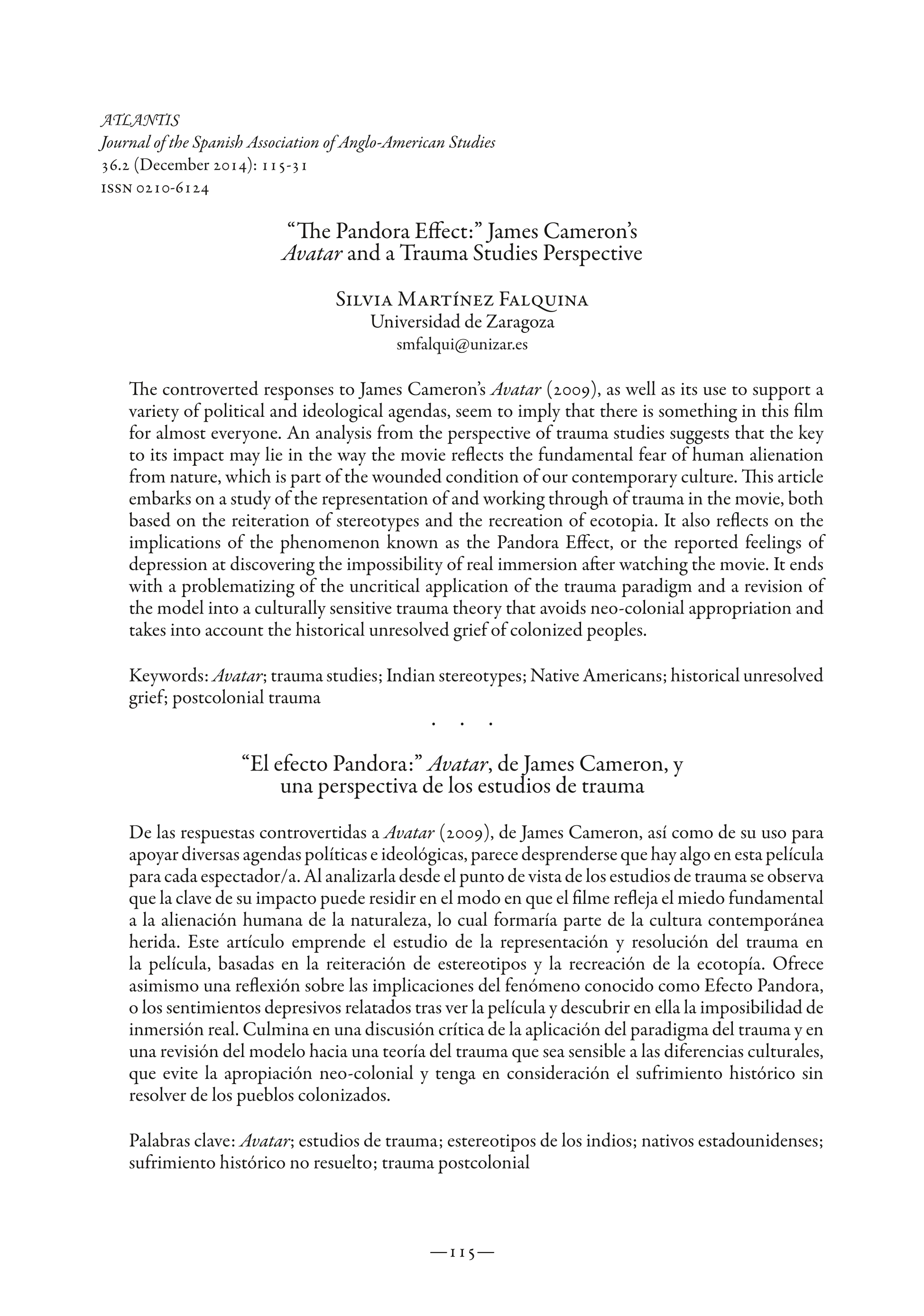 The Pandora Effect: James Cameron's Avatar and a Trauma Studies Perspective
