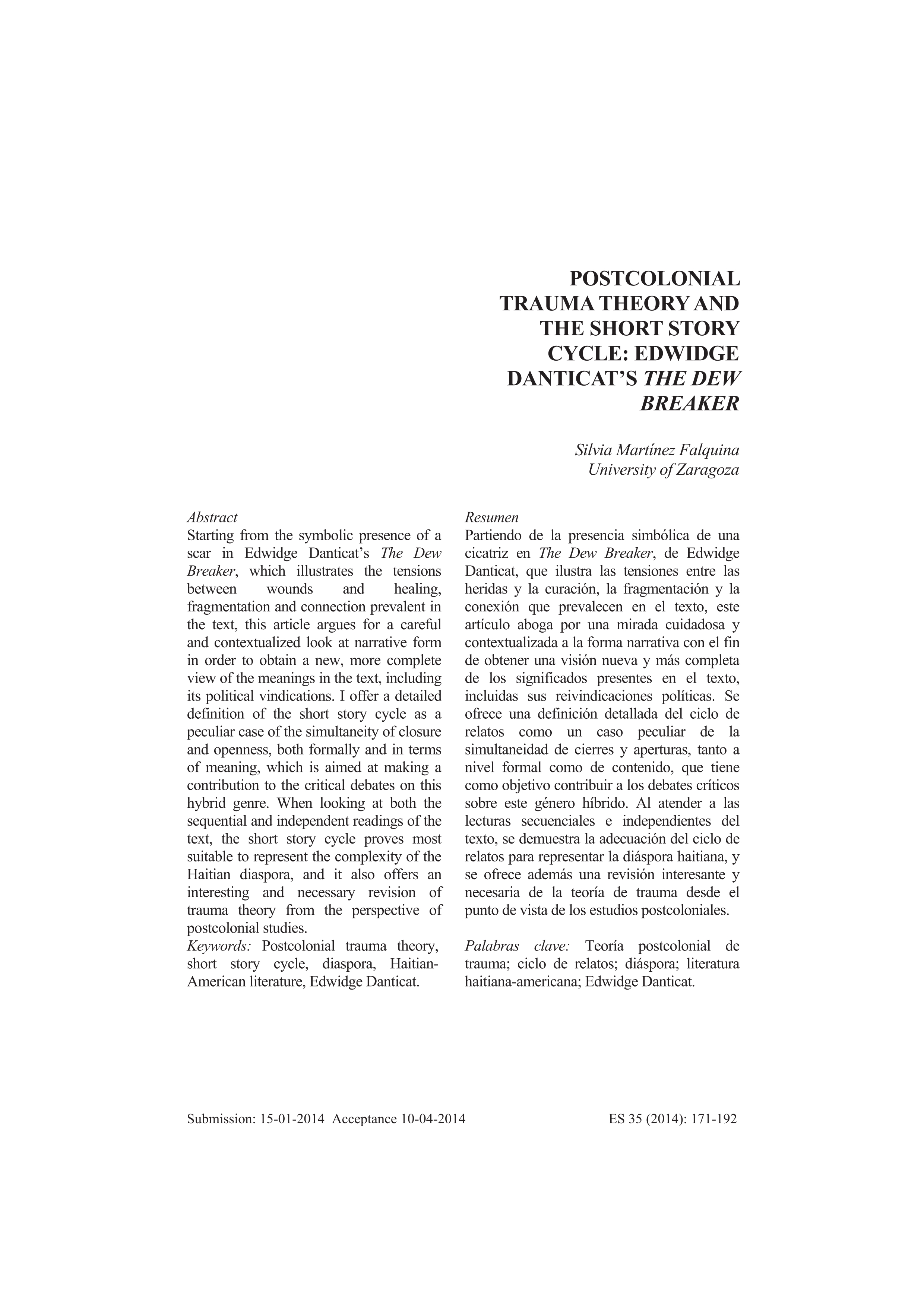 Postcolonial Trauma Theory and the Short Story Cycle: Edwidge Danticat's The Dew Breaker