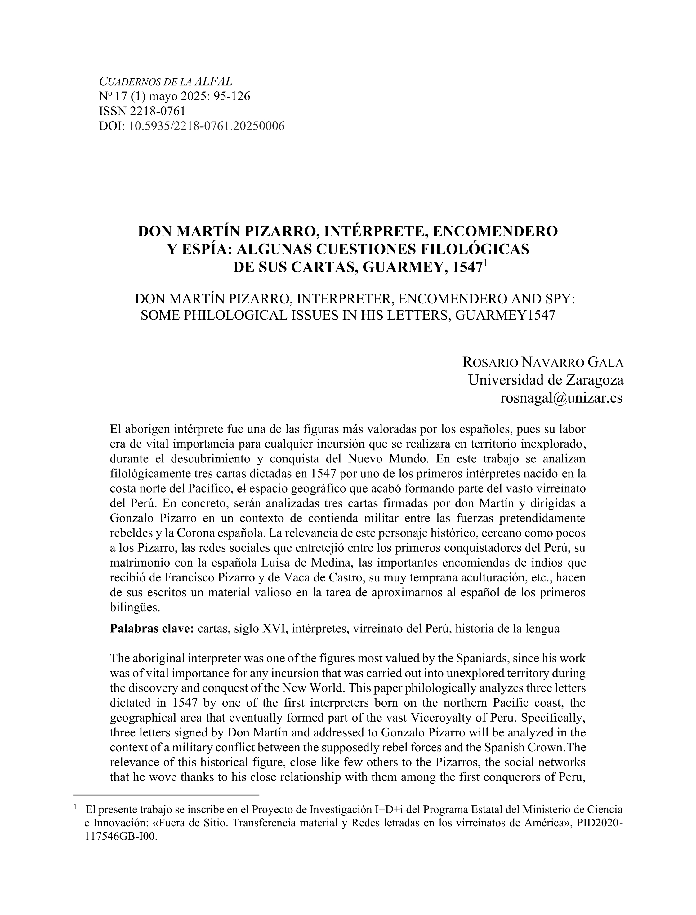 Don Martín Pizarro, intérprete, encomendero y espía: Algunas cuestiones filológicas de sus cartas escritas en Guarmey en 1547