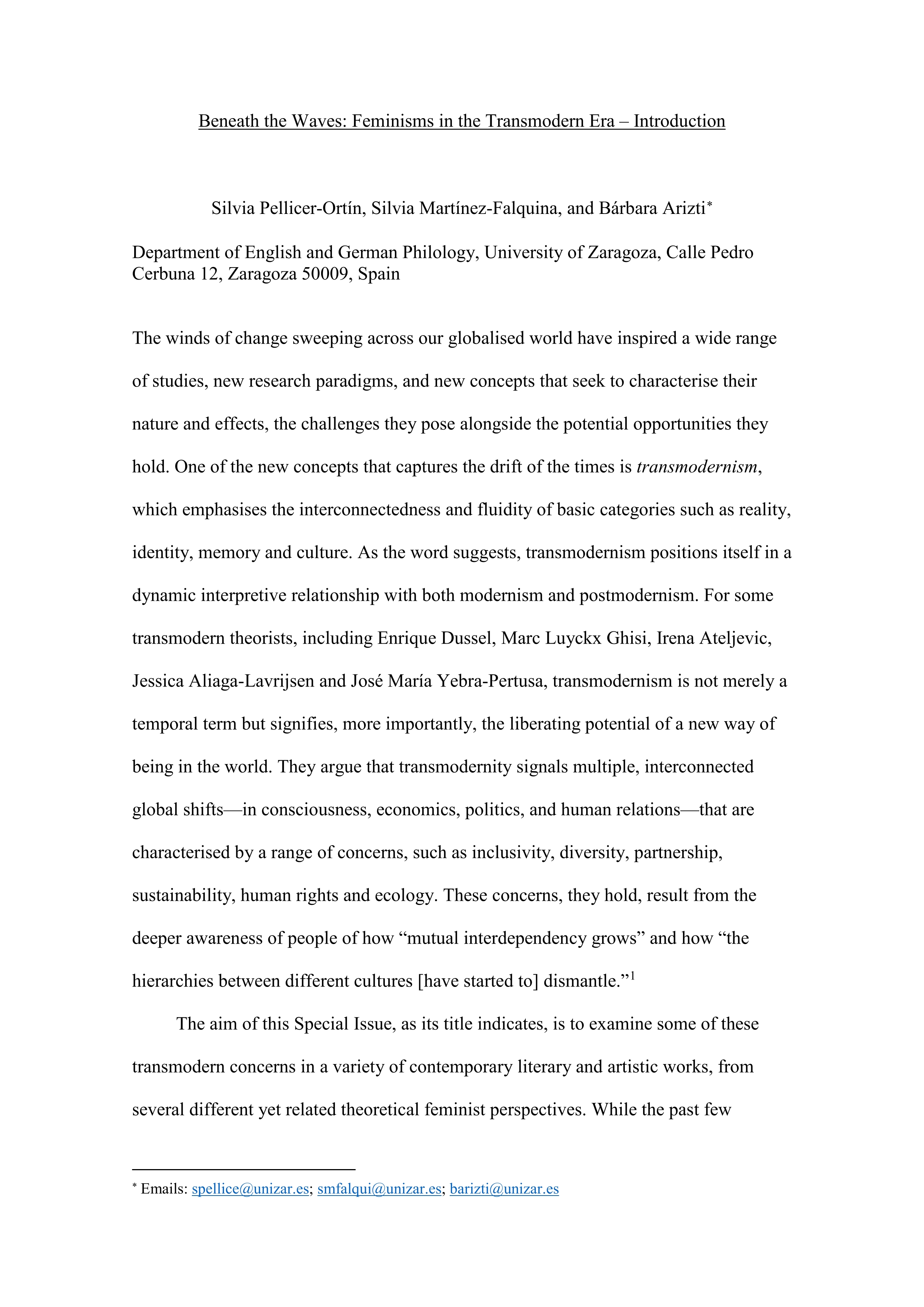 Beneath the Waves: Feminisms in the Transmodern Era - Introduction