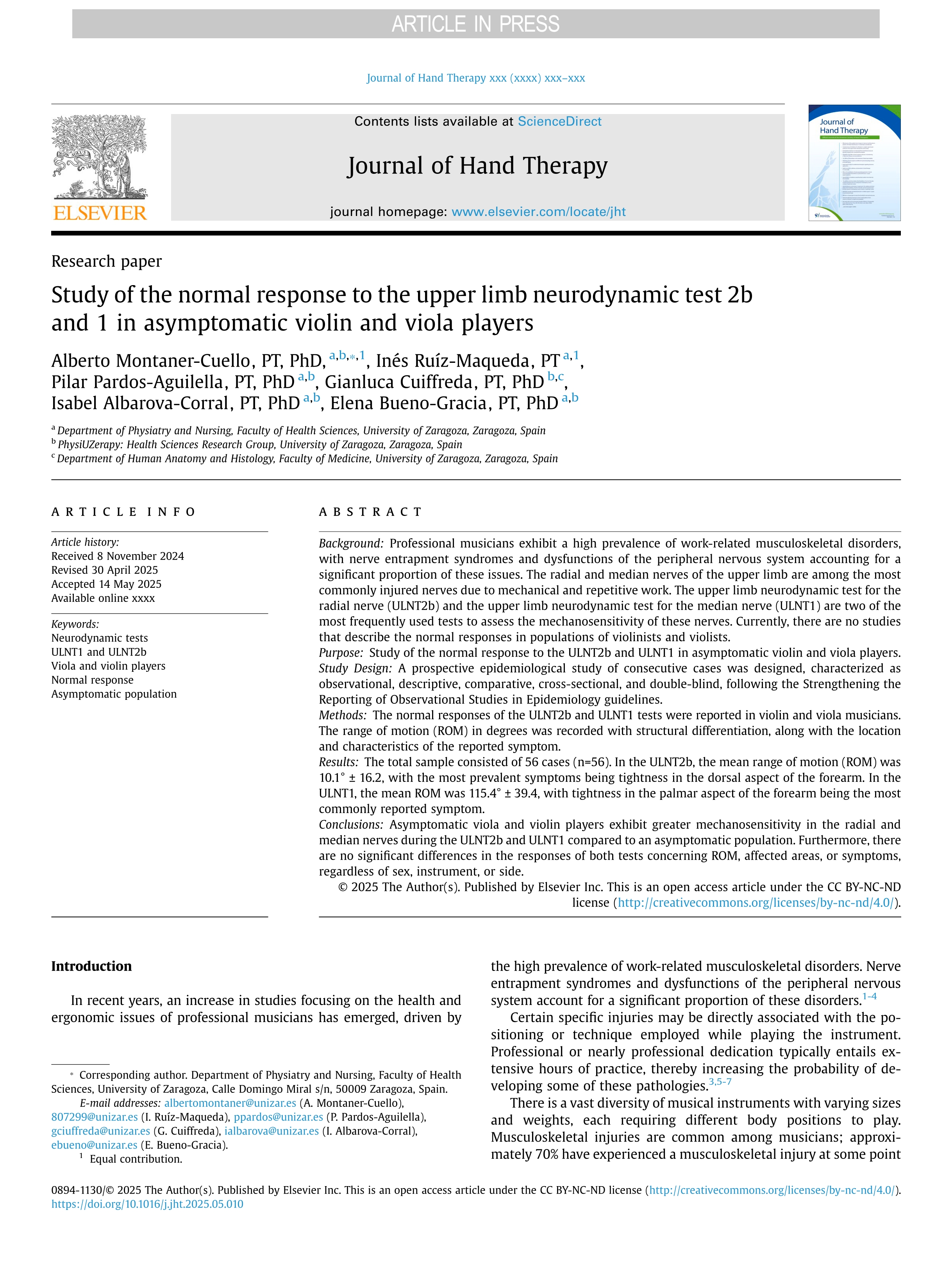 Study of the normal response to the upper limb neurodynamic test 2b and 1 in asymptomatic violin and viola players