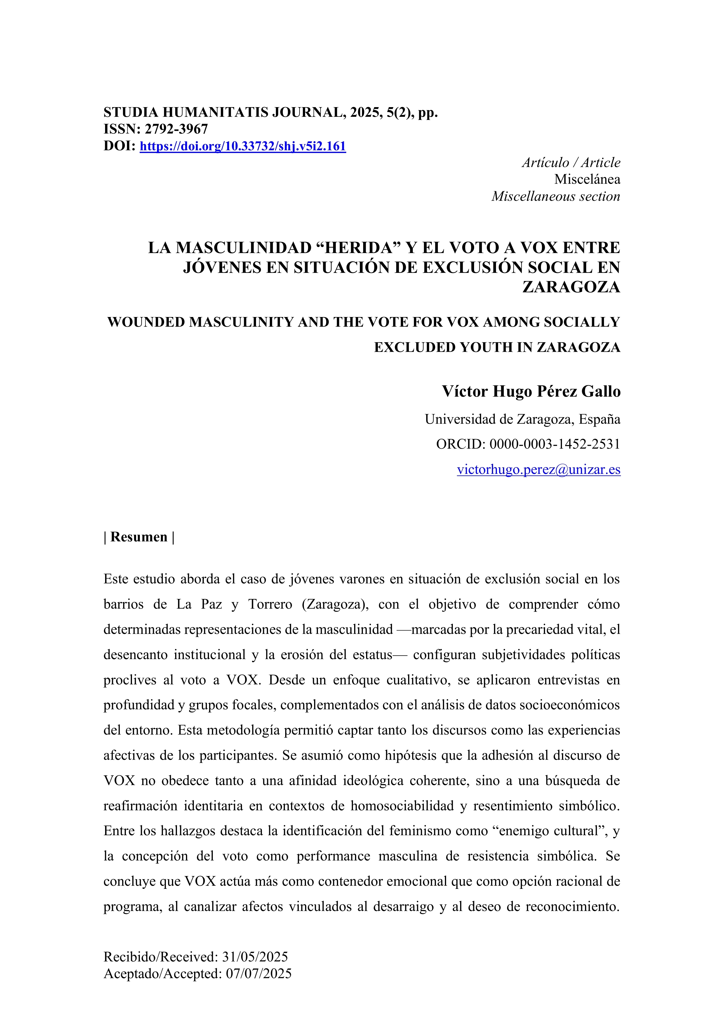 La masculinidad “herida” y el voto a vox entre jóvenes en situación de exclusión social en Zaragoza