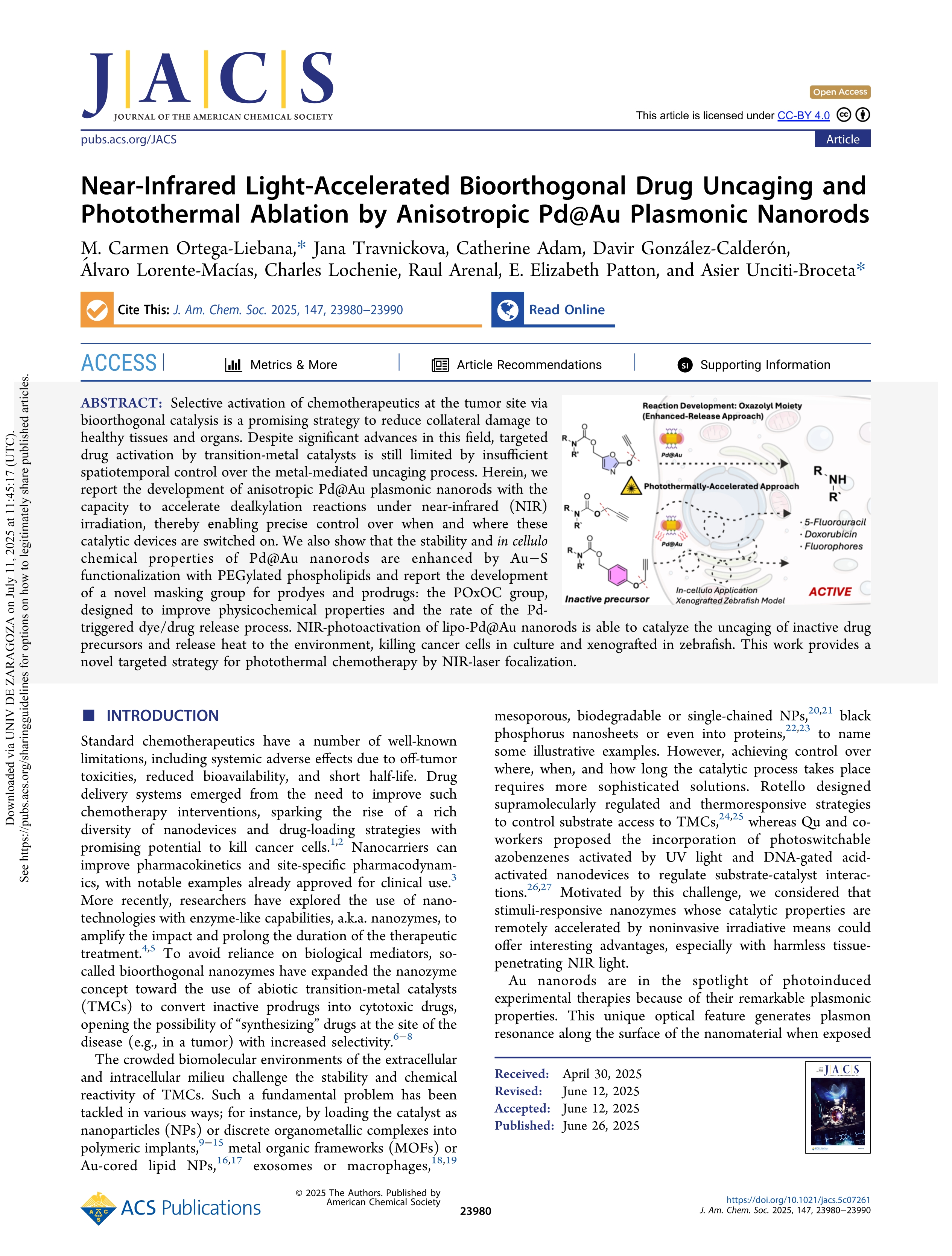 Near-Infrared Light-Accelerated Bioorthogonal Drug Uncaging and Photothermal Ablation by Anisotropic Pd@Au Plasmonic Nanorods