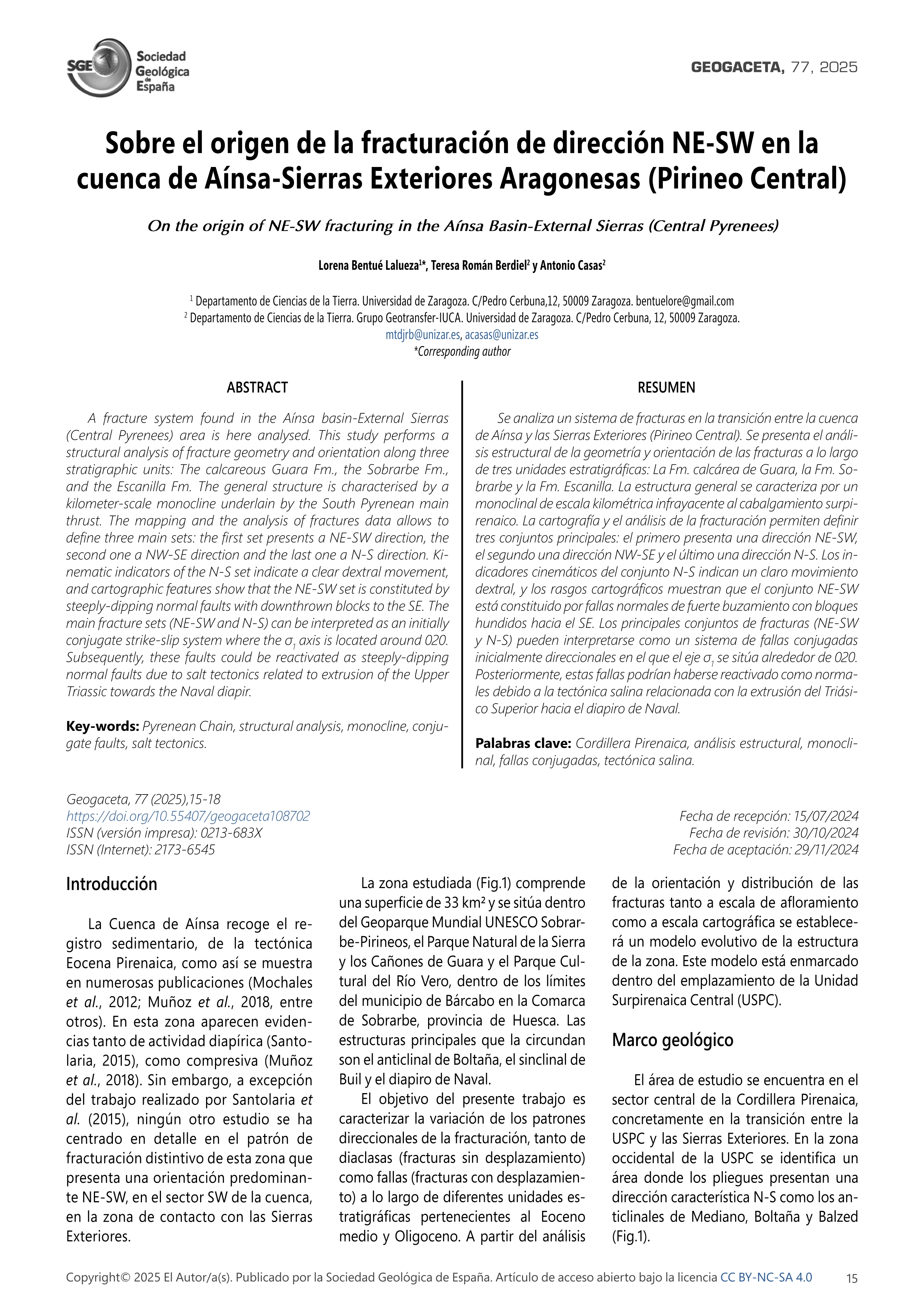 Sobre el origen de la fracturación de dirección NE-SW en la cuenca de Aínsa-Sierras Exteriores Aragonesas (Pirineo Central)