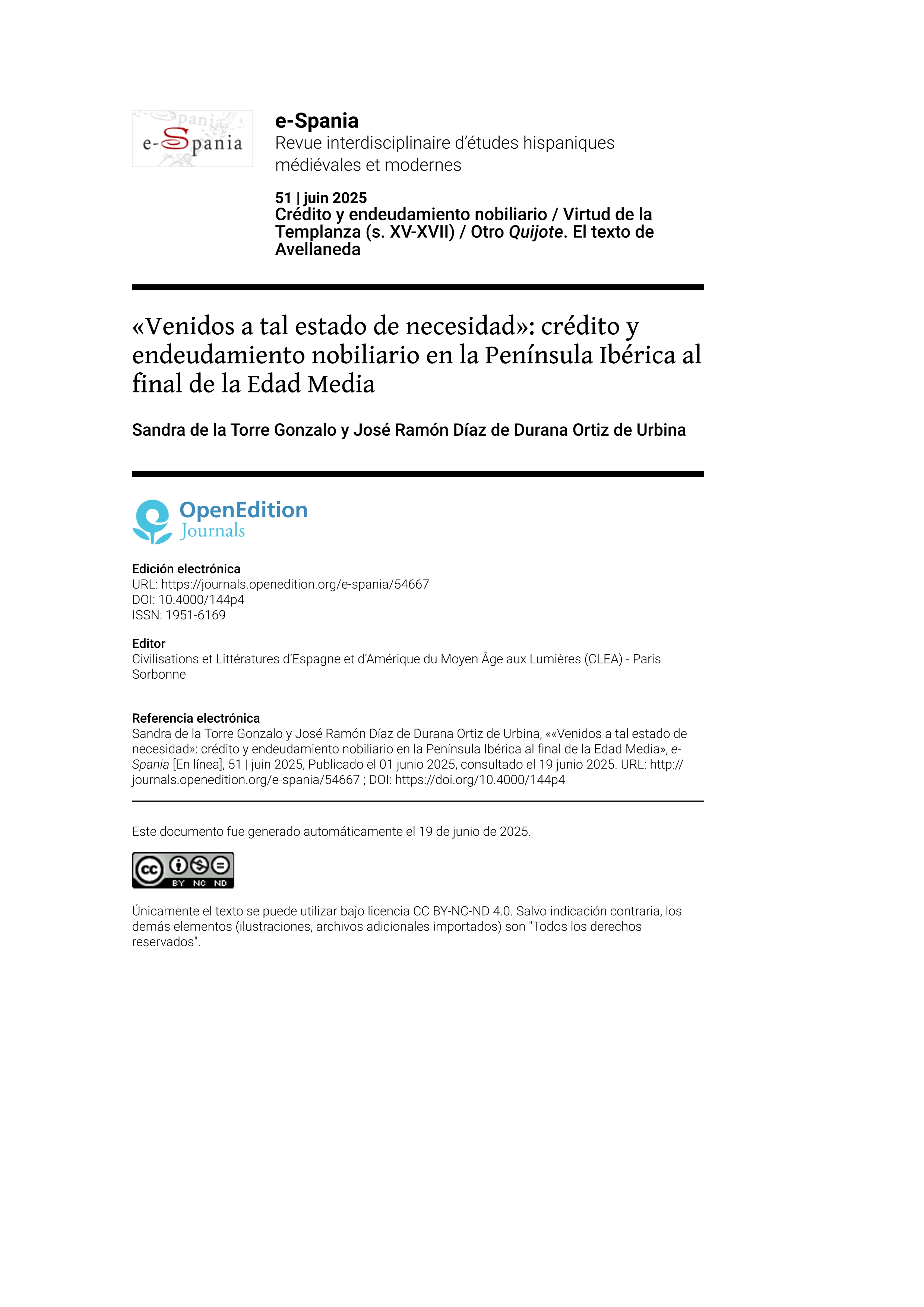 «Venidos a tal estado de necesidad»: crédito y endeudamiento nobiliario en la Península Ibérica al final de la Edad Media