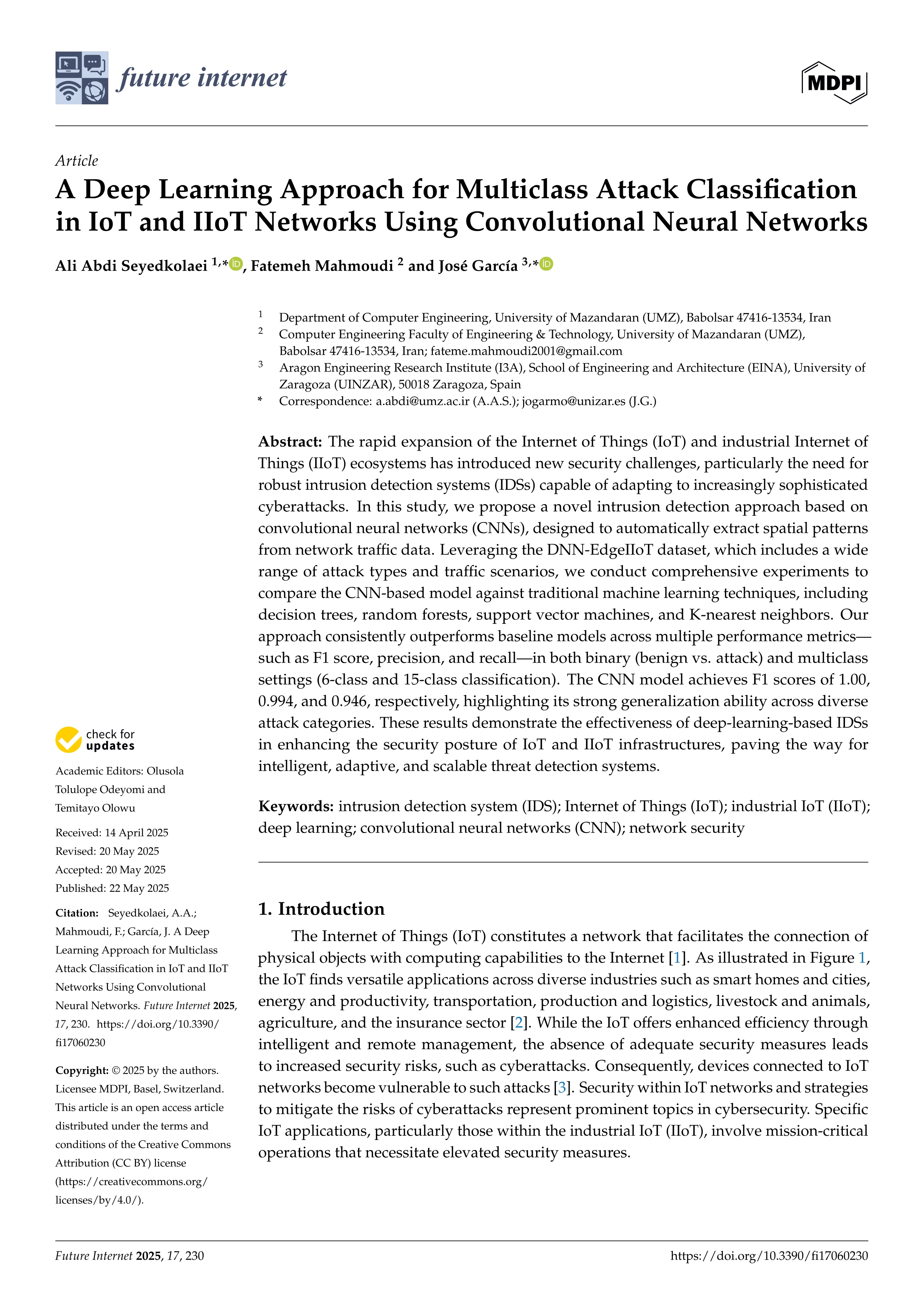 A Deep Learning Approach for Multiclass Attack Classification in IoT and IIoT Networks Using Convolutional Neural Networks