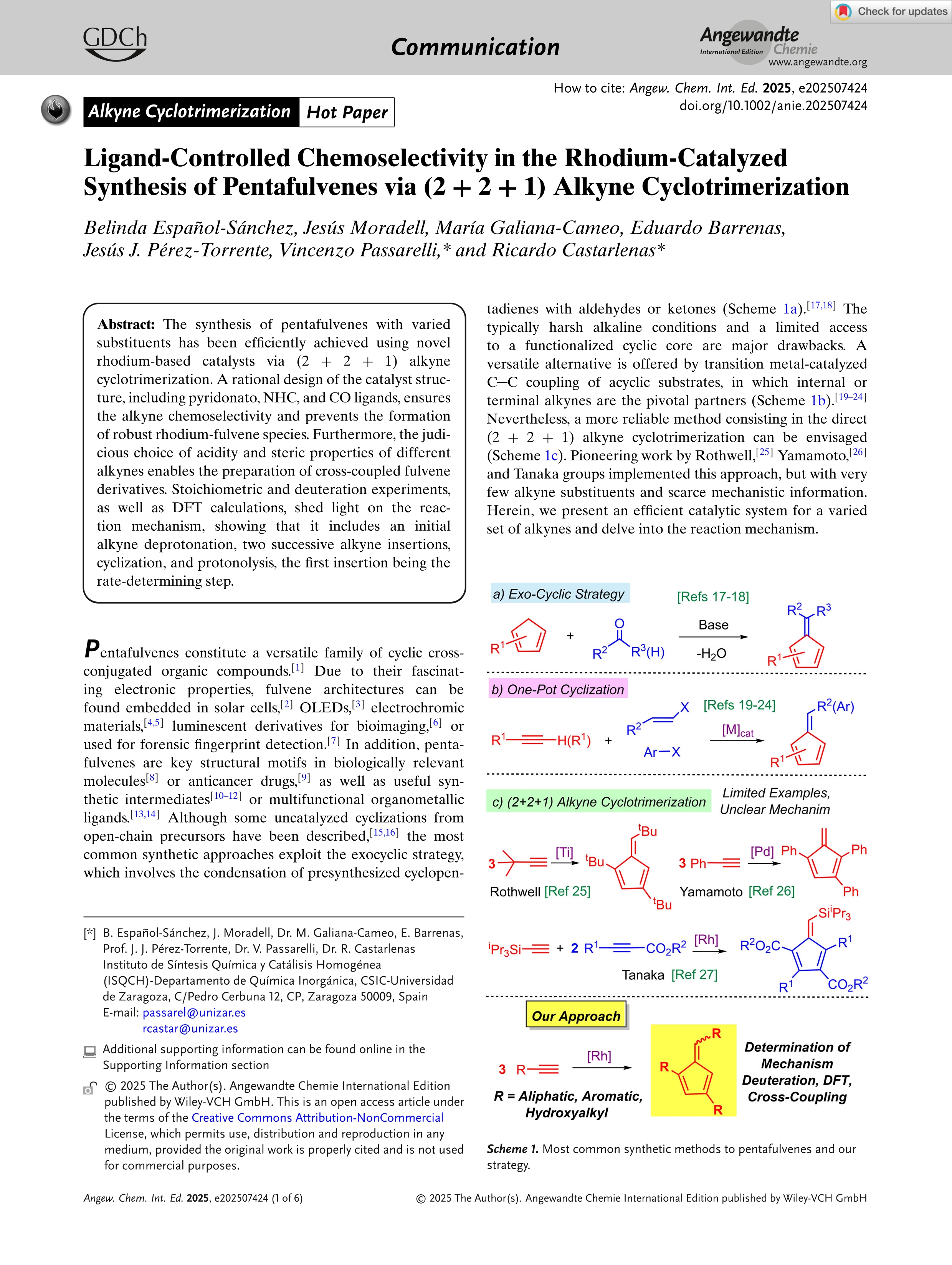 Ligand‐Controlled Chemoselectivity in the Rhodium‐Catalyzed Synthesis of Pentafulvenes via (2 + 2 + 1) Alkyne Cyclotrimerization