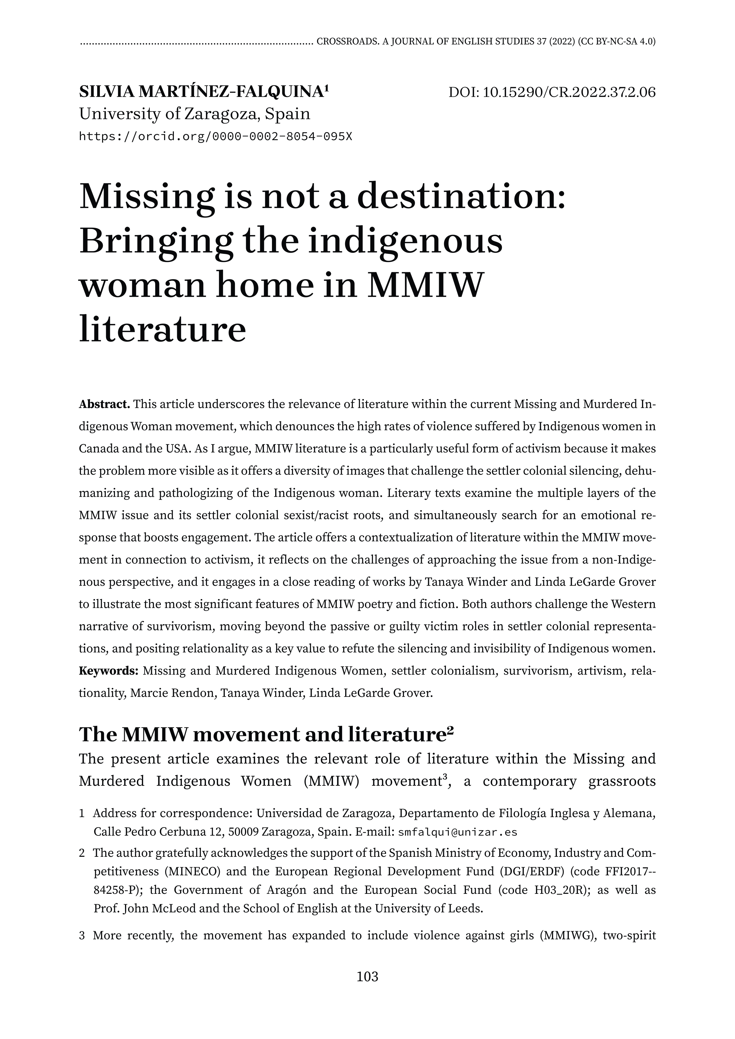 Missing is not a Destination: Bringing the Indigenous Woman Home in MMIW Literature