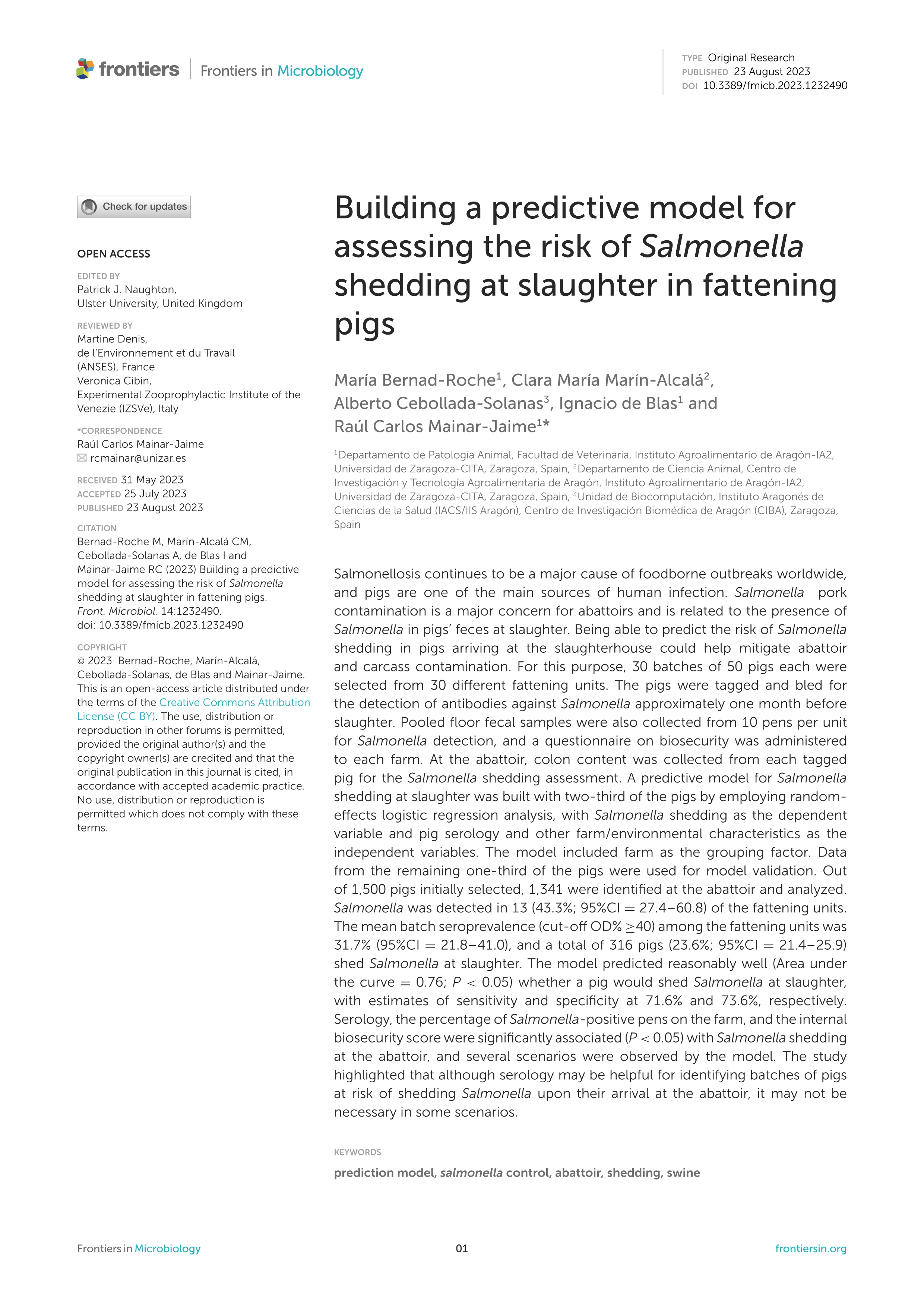 Building a predictive model for assessing the risk of Salmonella shedding at slaughter in fattening pigs