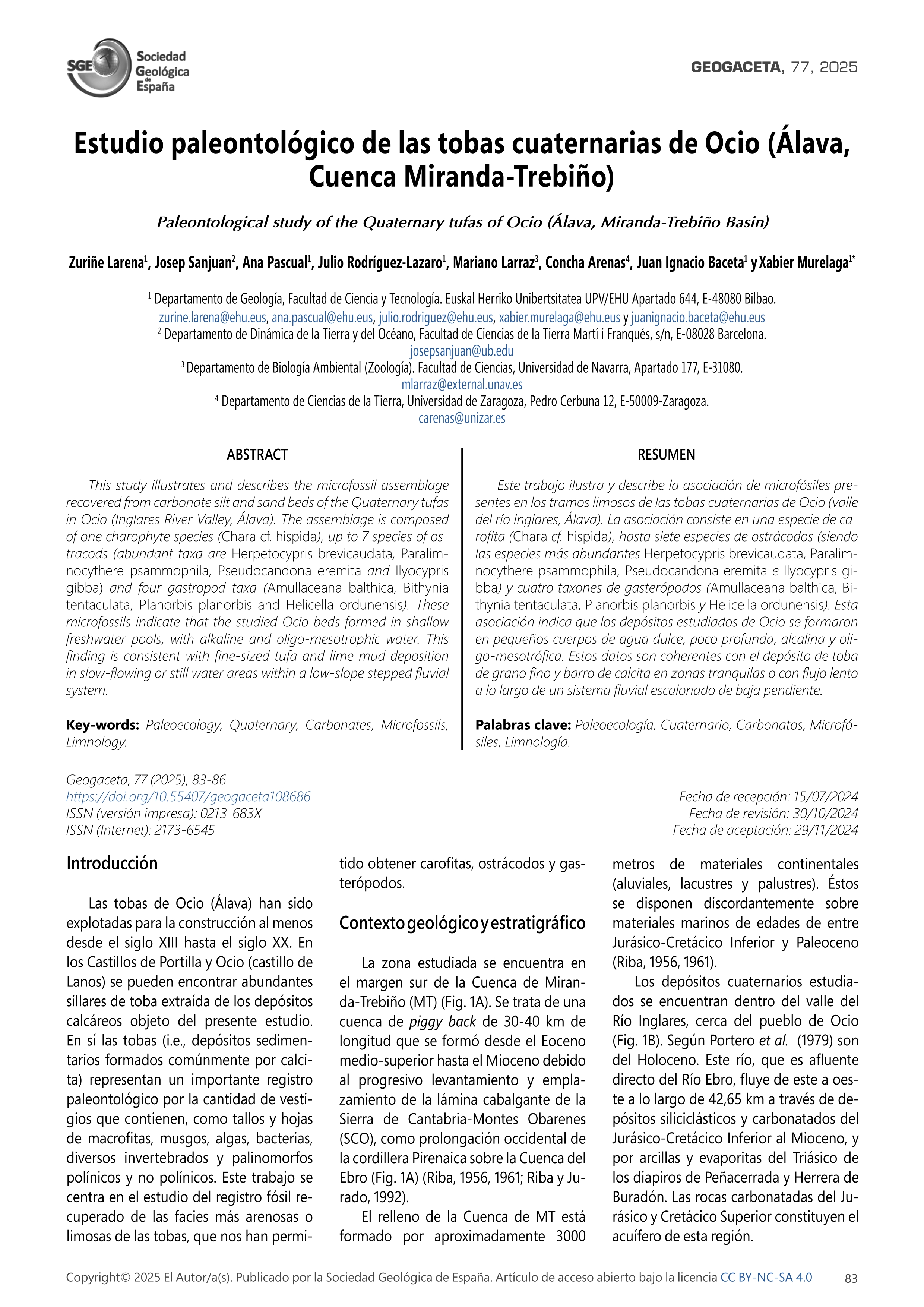 Estudio paleontológico de las Tobas cuaternarias de Ocio (Álava, Cuenca Miranda-Trebiño)