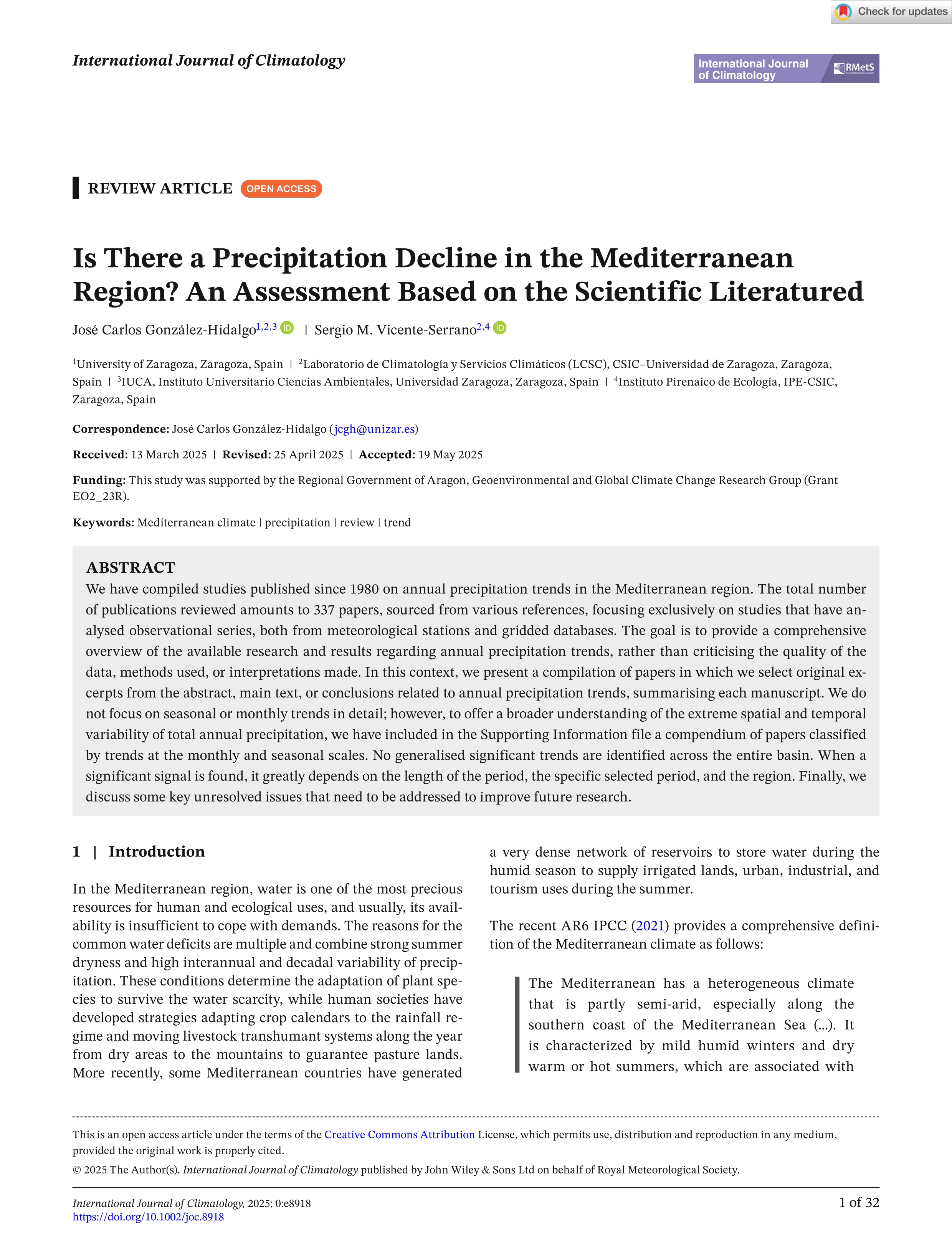 Is There a Precipitation Decline in the Mediterranean Region? An Assessment Based on the Scientific Literatured