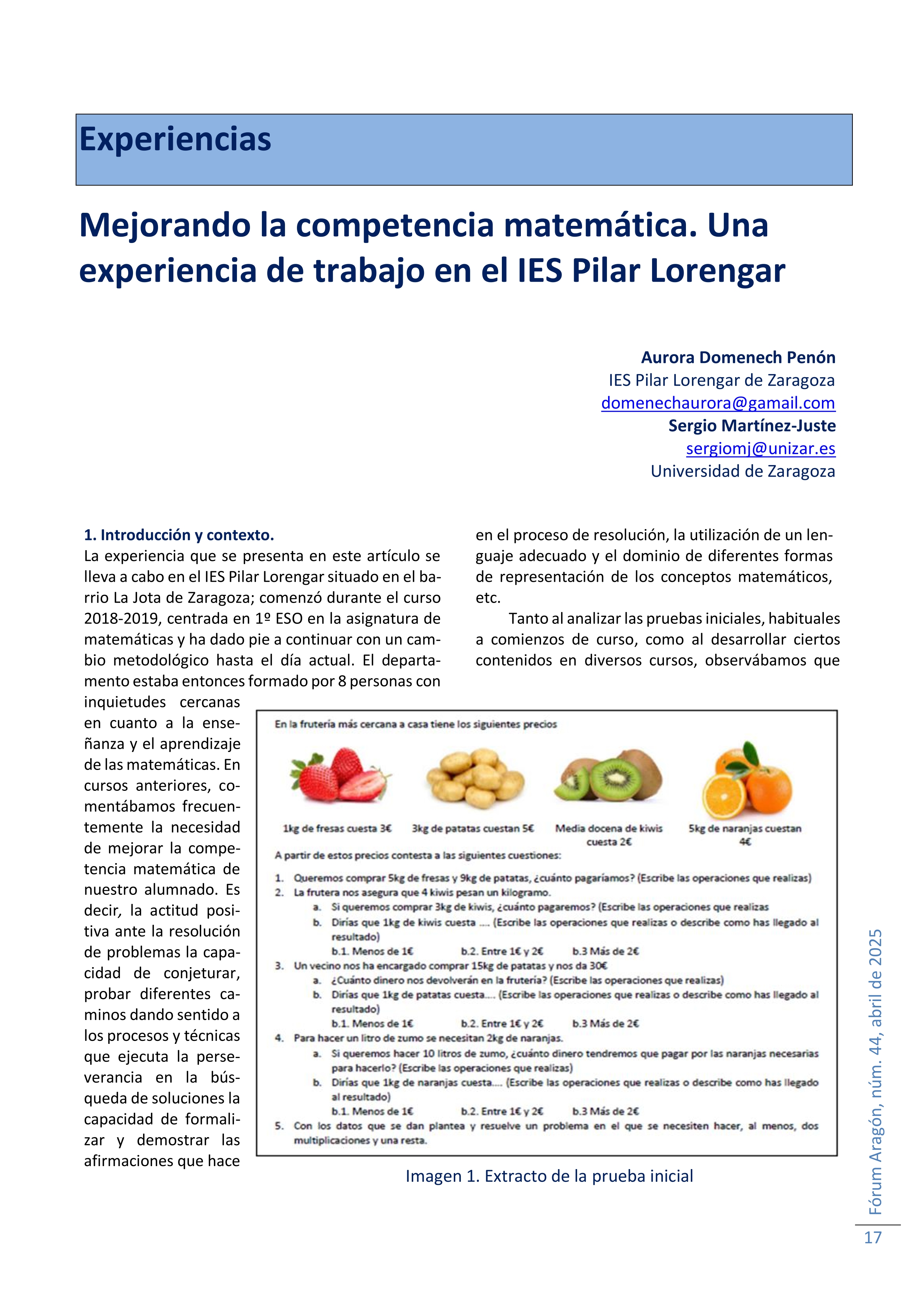 Mejorando la competencia matemática. Una experiencia de trabajo en el IES Pilar Lorengar