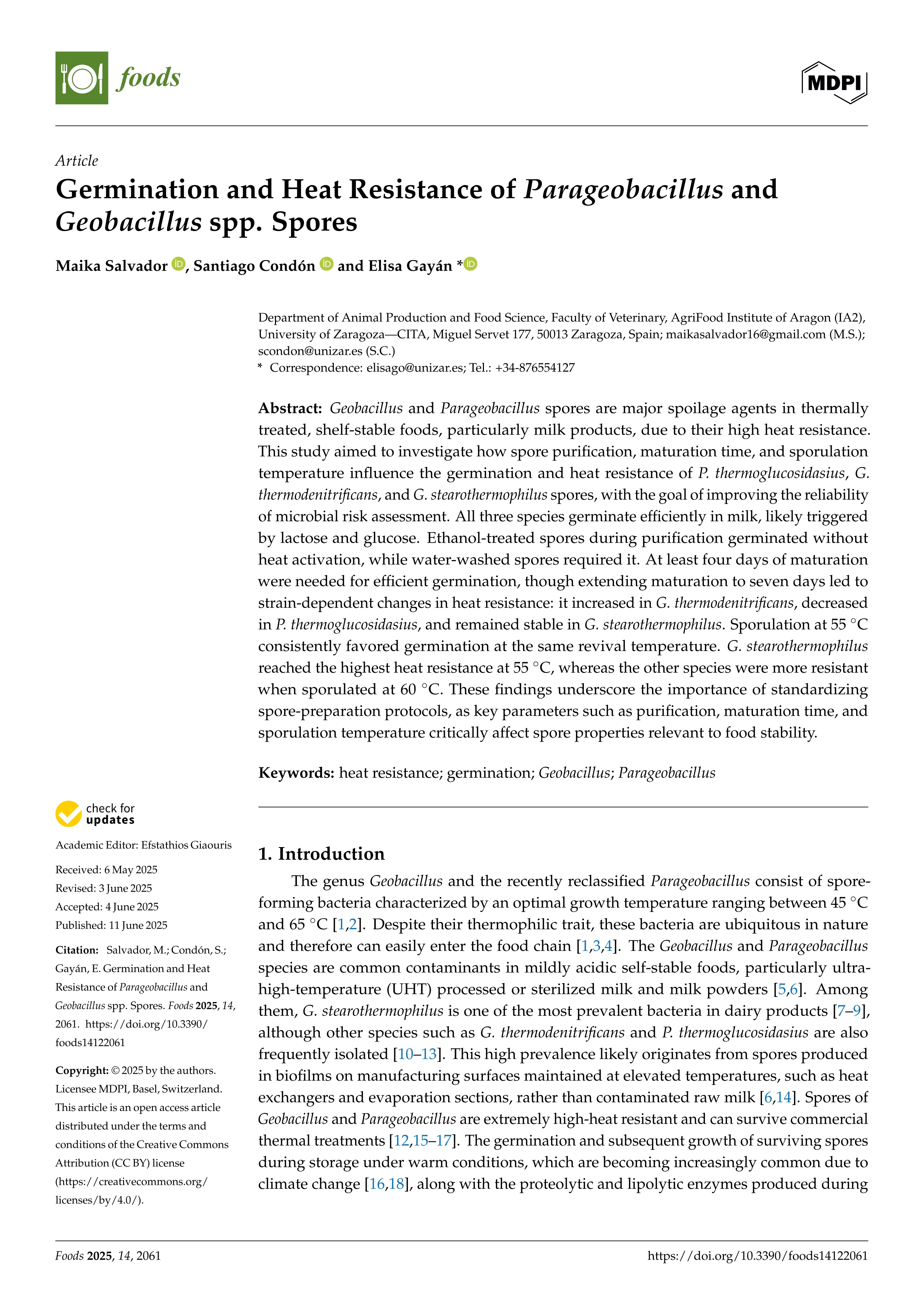 Germination and Heat Resistance of Parageobacillus and Geobacillus spp. Spores