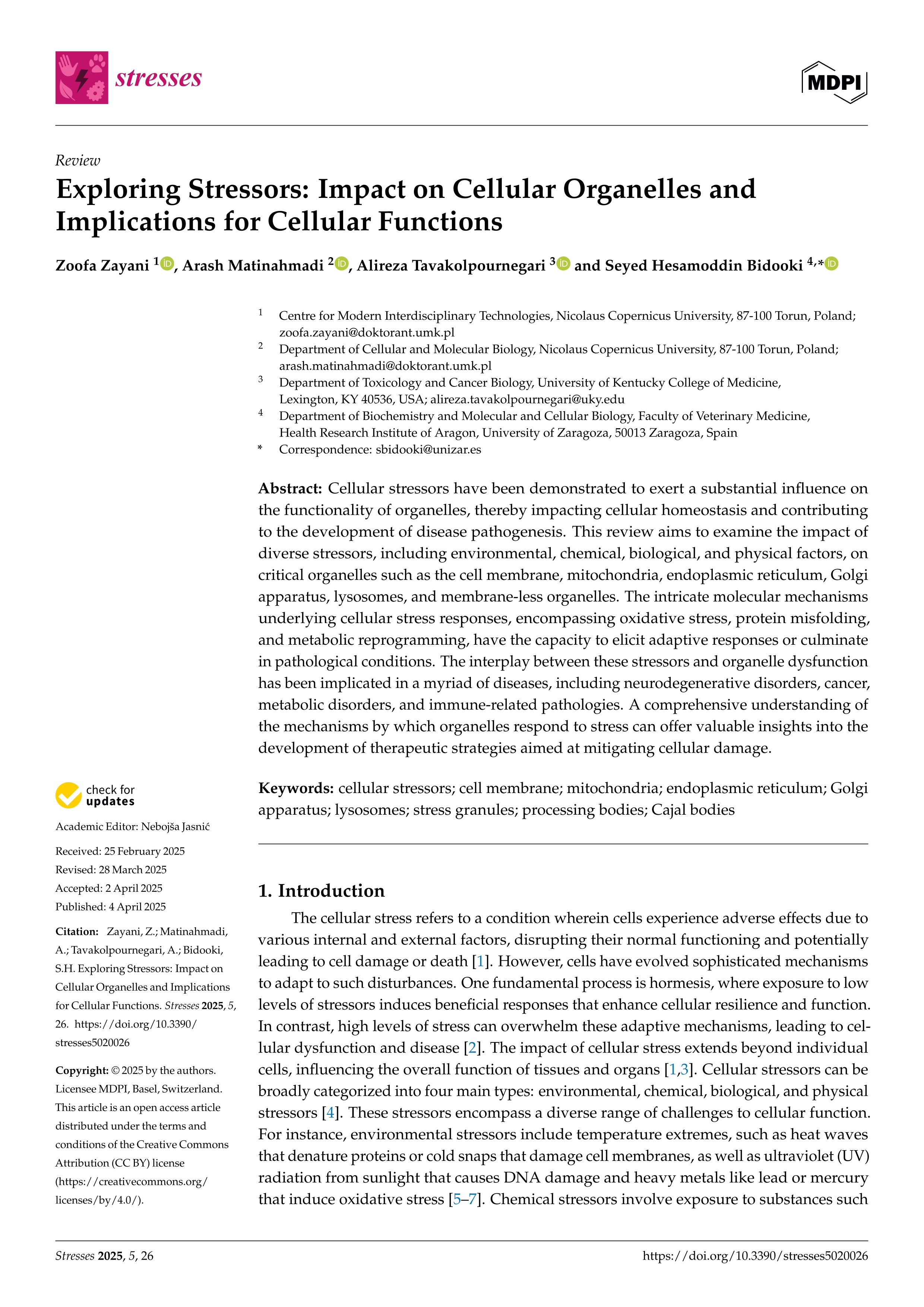 Exploring Stressors: Impact on Cellular Organelles and Implications for Cellular Functions