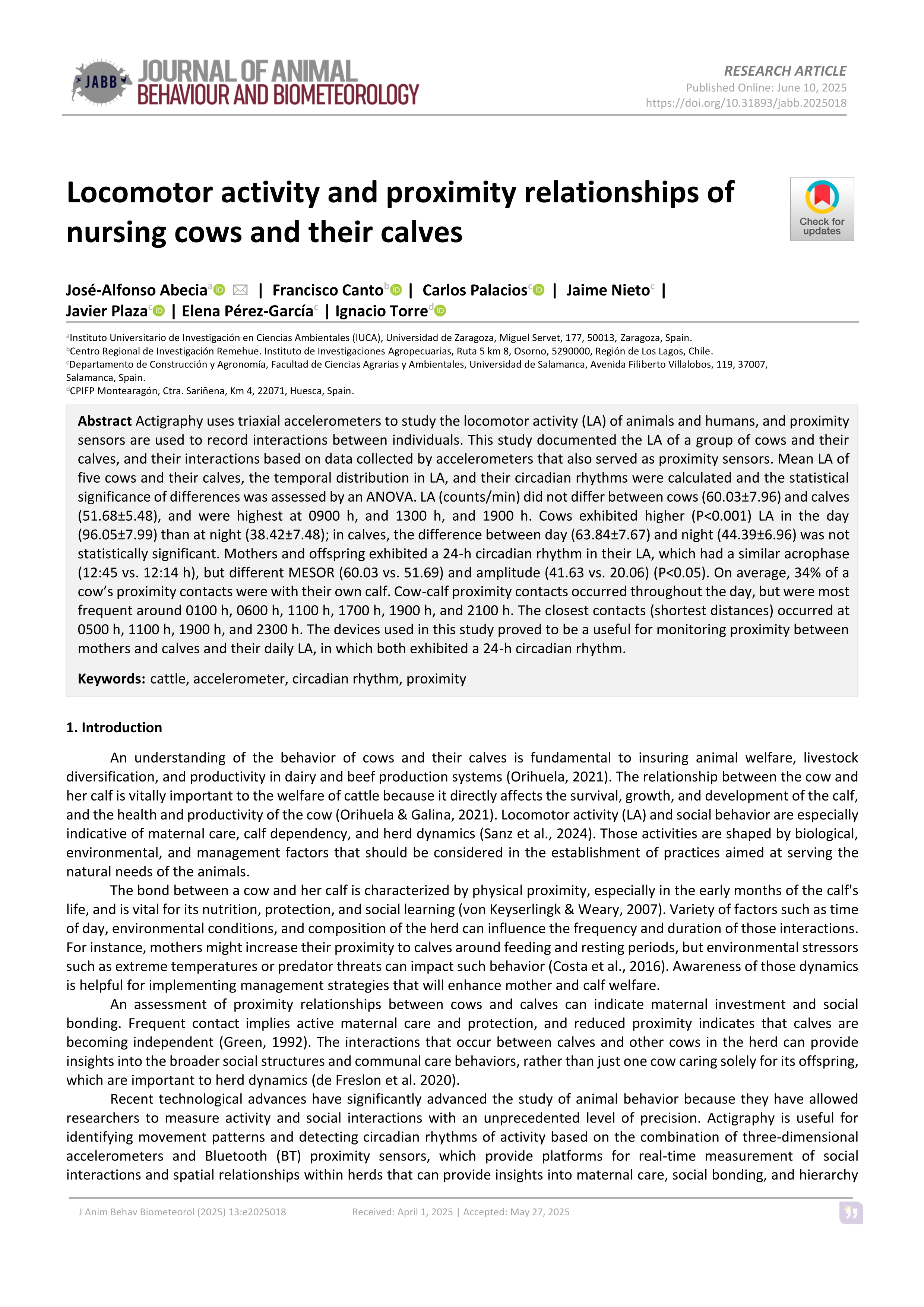 Locomotor activity and proximity relationships of nursing cows and their calves