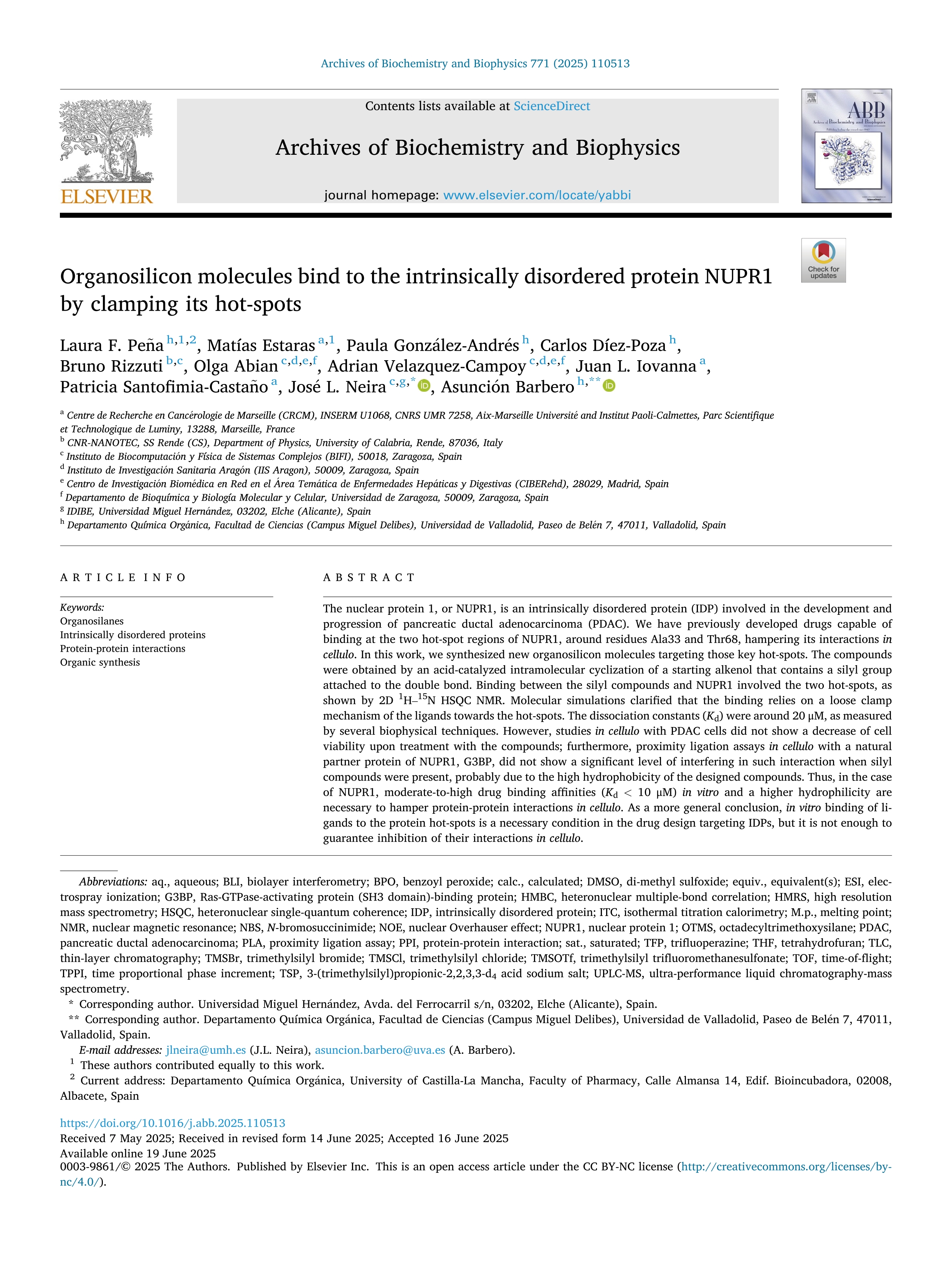 Organosilicon molecules bind to the intrinsically disordered protein NUPR1 by clamping its hot-spots