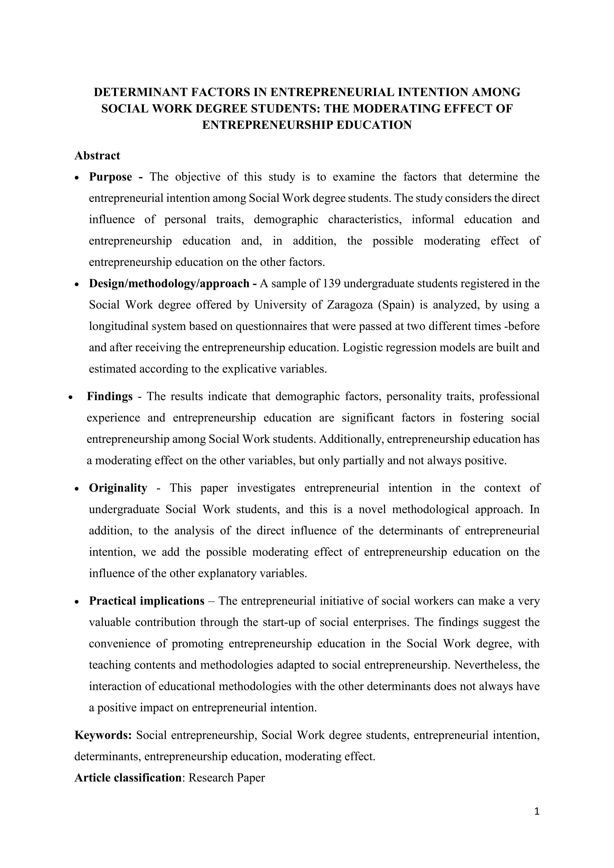 Determinant factors in entrepreneurial intention among Social Work degree students: the moderating effect of entrepreneurship education