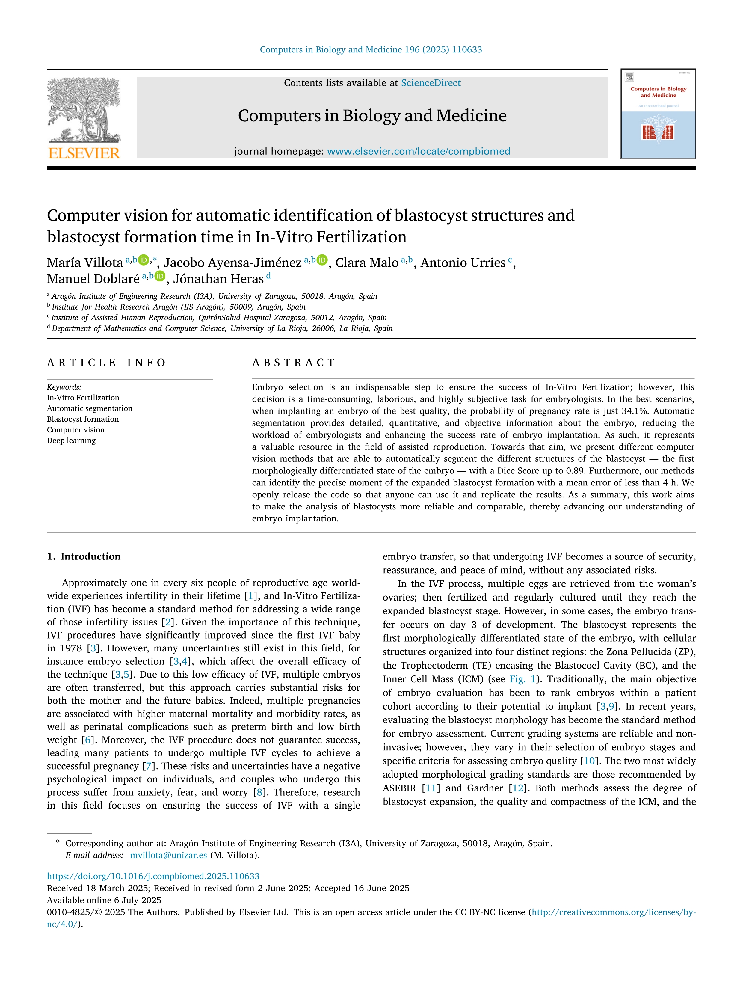Computer vision for automatic identification of blastocyst structures and blastocyst formation time in In-Vitro Fertilization
