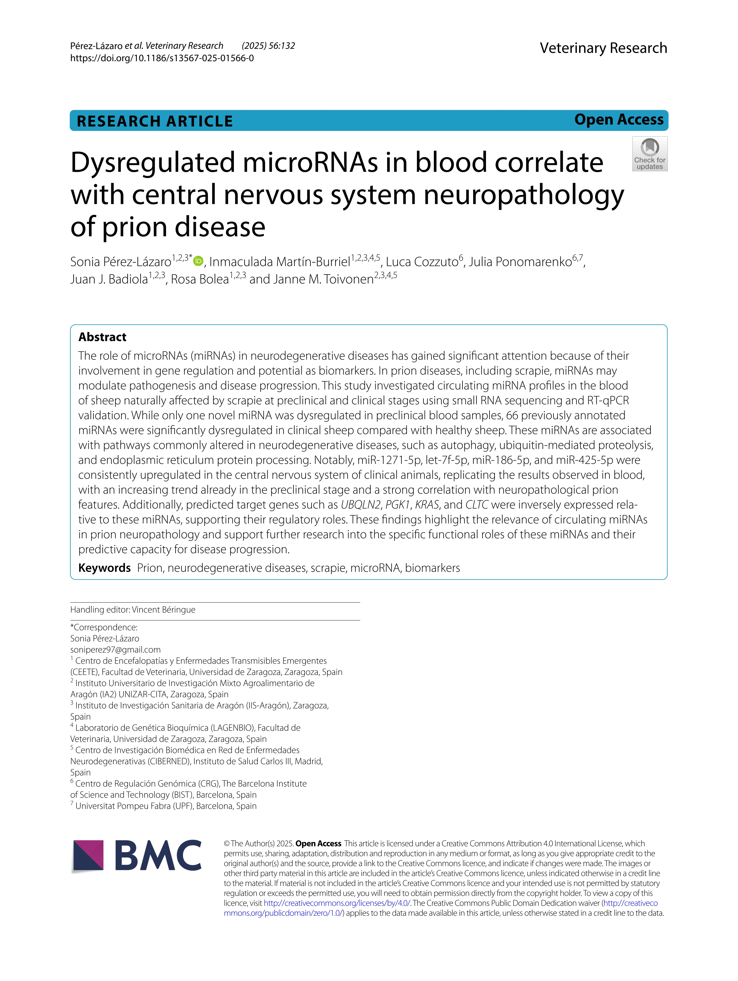 Dysregulated microRNAs in blood correlate with central nervous system neuropathology of prion disease