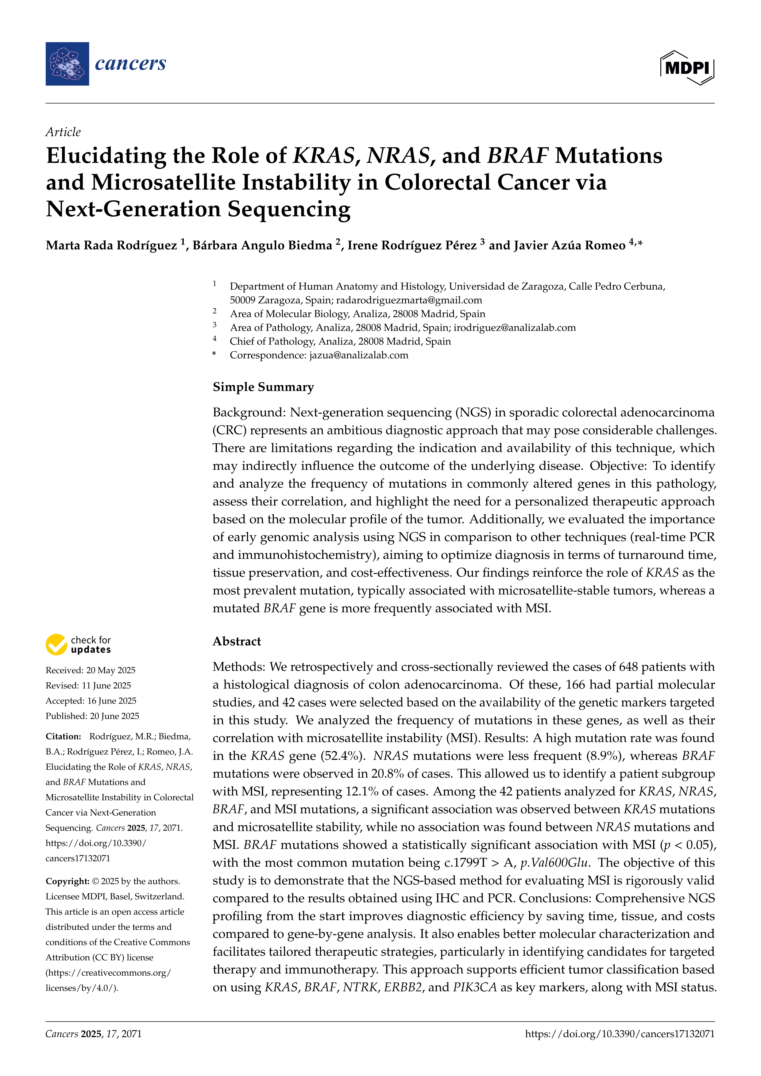Elucidating the Role of KRAS, NRAS, and BRAF Mutations and Microsatellite Instability in Colorectal Cancer via Next-Generation Sequencing