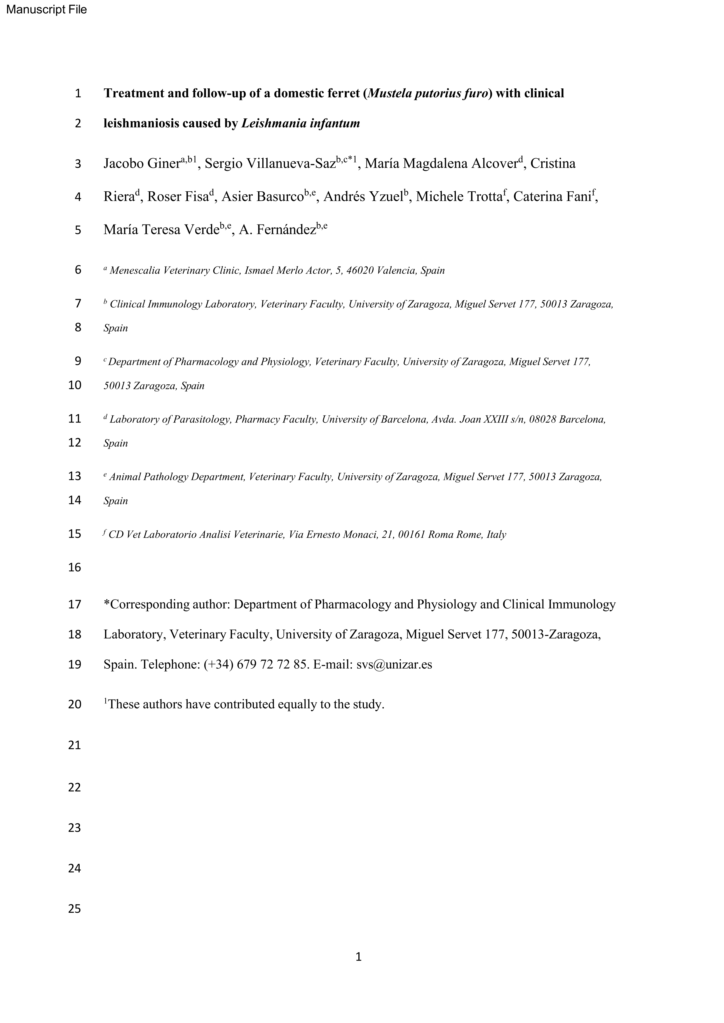 Treatment and follow-up of a domestic ferret (Mustela putorius furo) with clinical leishmaniosis caused by Leishmania infantum