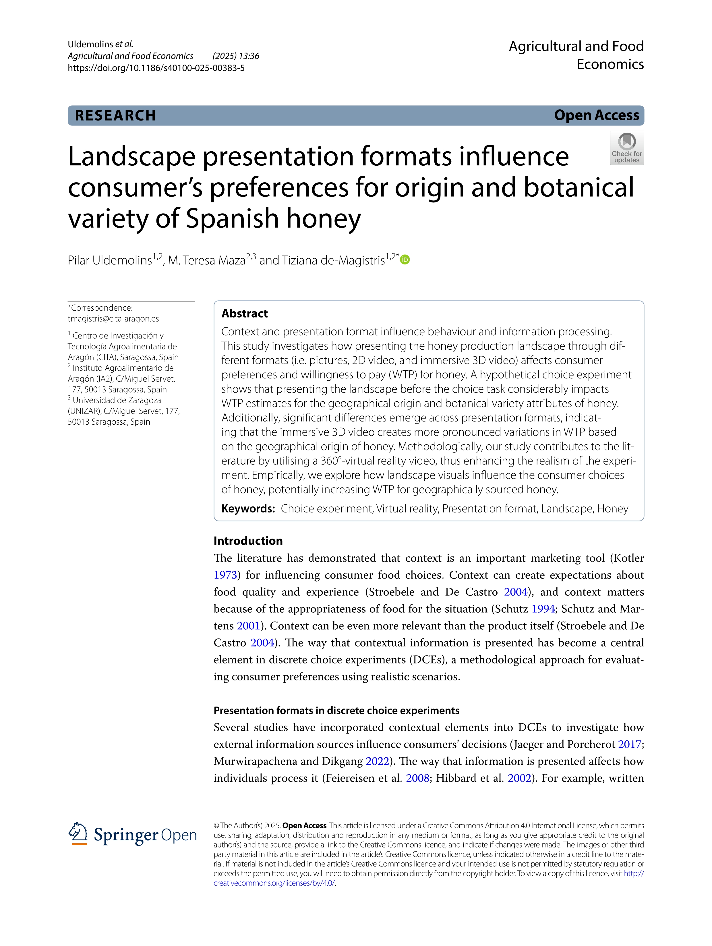 Landscape presentation formats influence consumer’s preferences for origin and botanical variety of Spanish honey