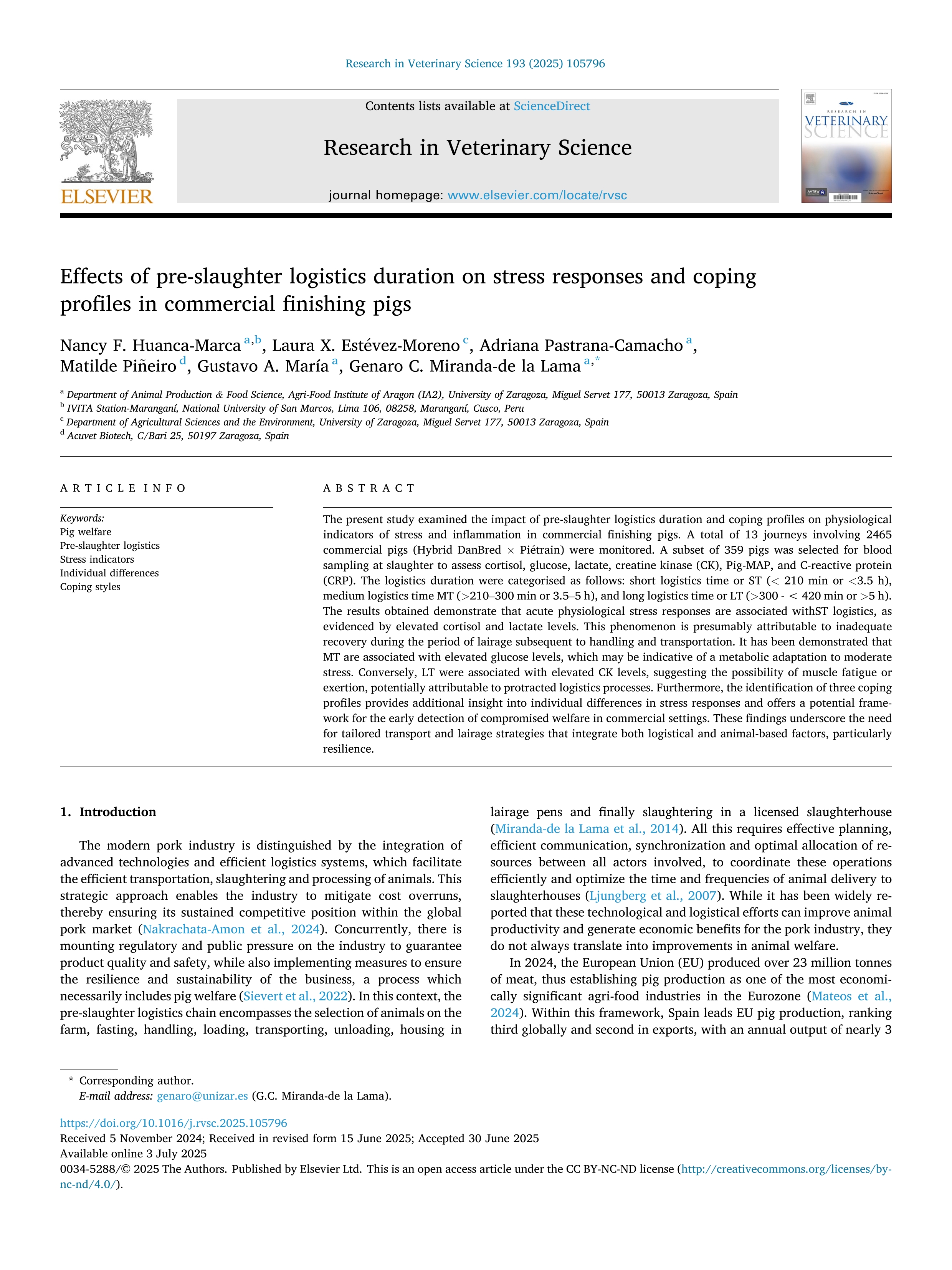 Effects of pre-slaughter logistics duration on stress responses and coping profiles in commercial finishing pigs