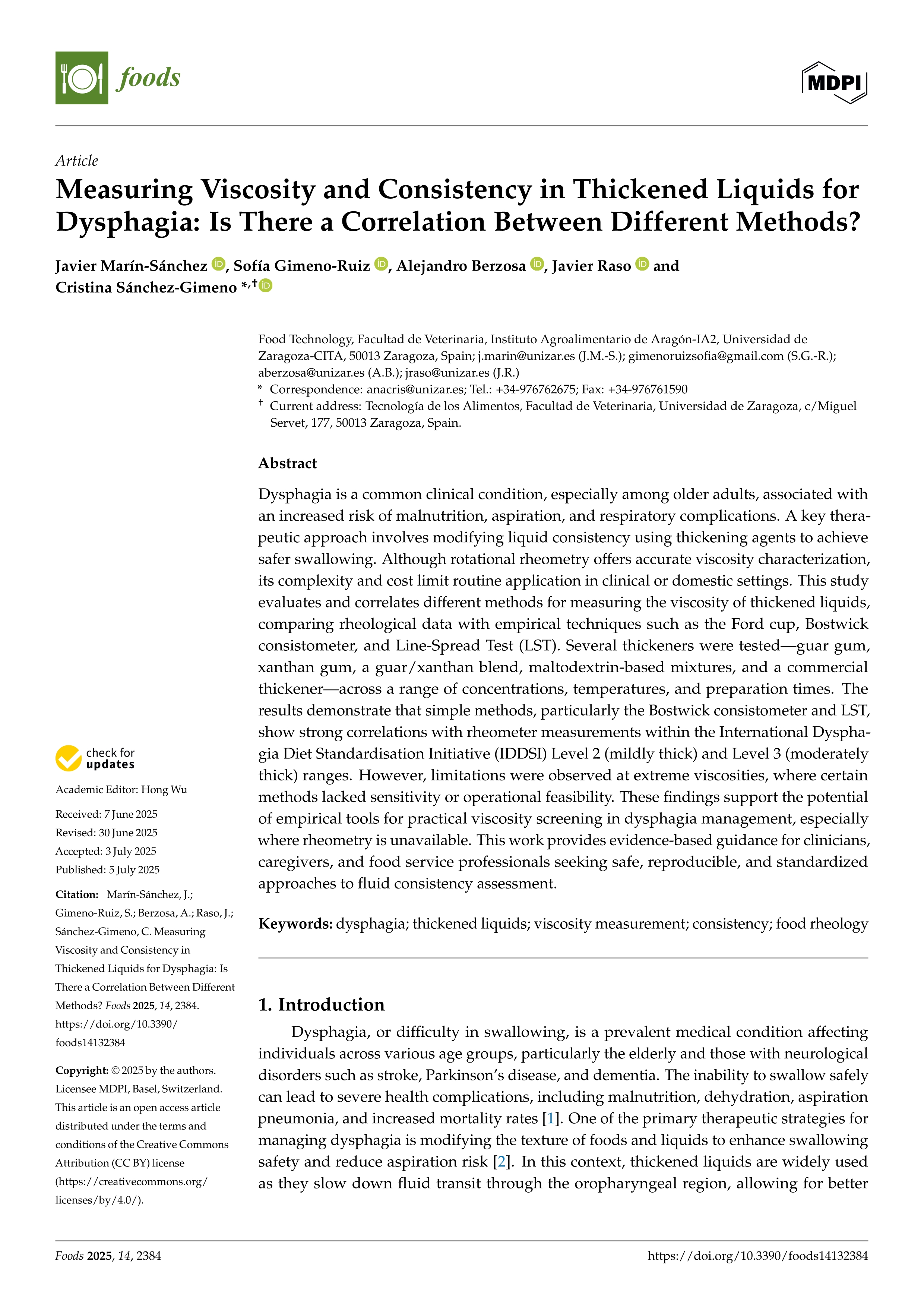 Measuring Viscosity and Consistency in Thickened Liquids for Dysphagia: Is There a Correlation Between Different Methods?