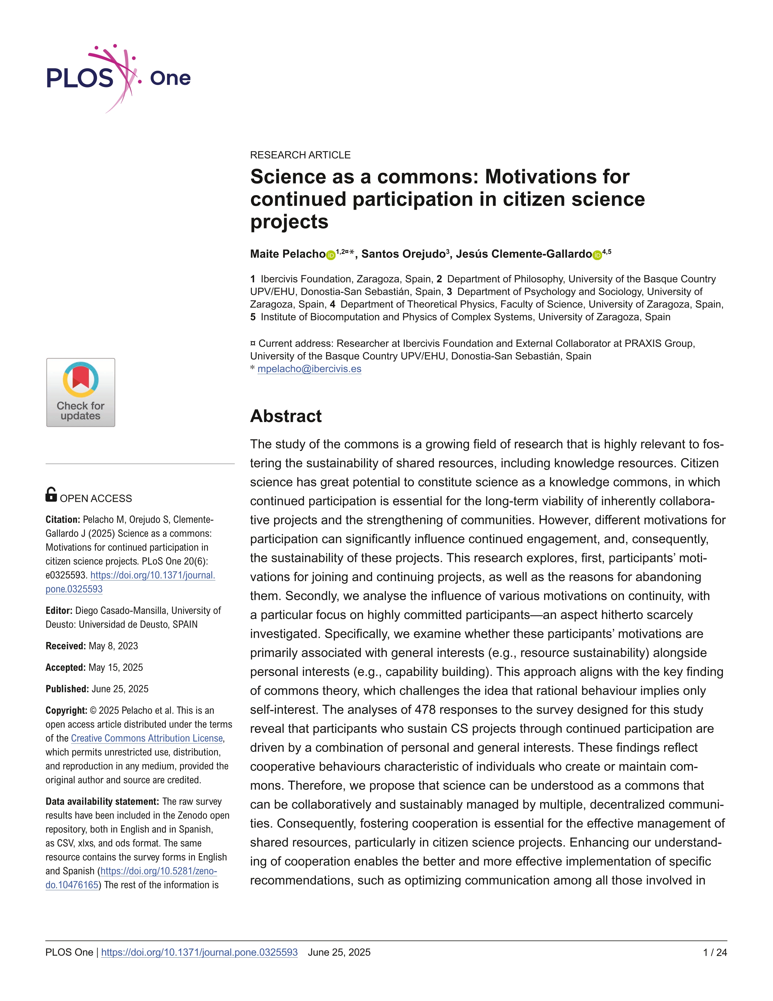 Science as a commons: Motivations for continued participation in citizen science projects