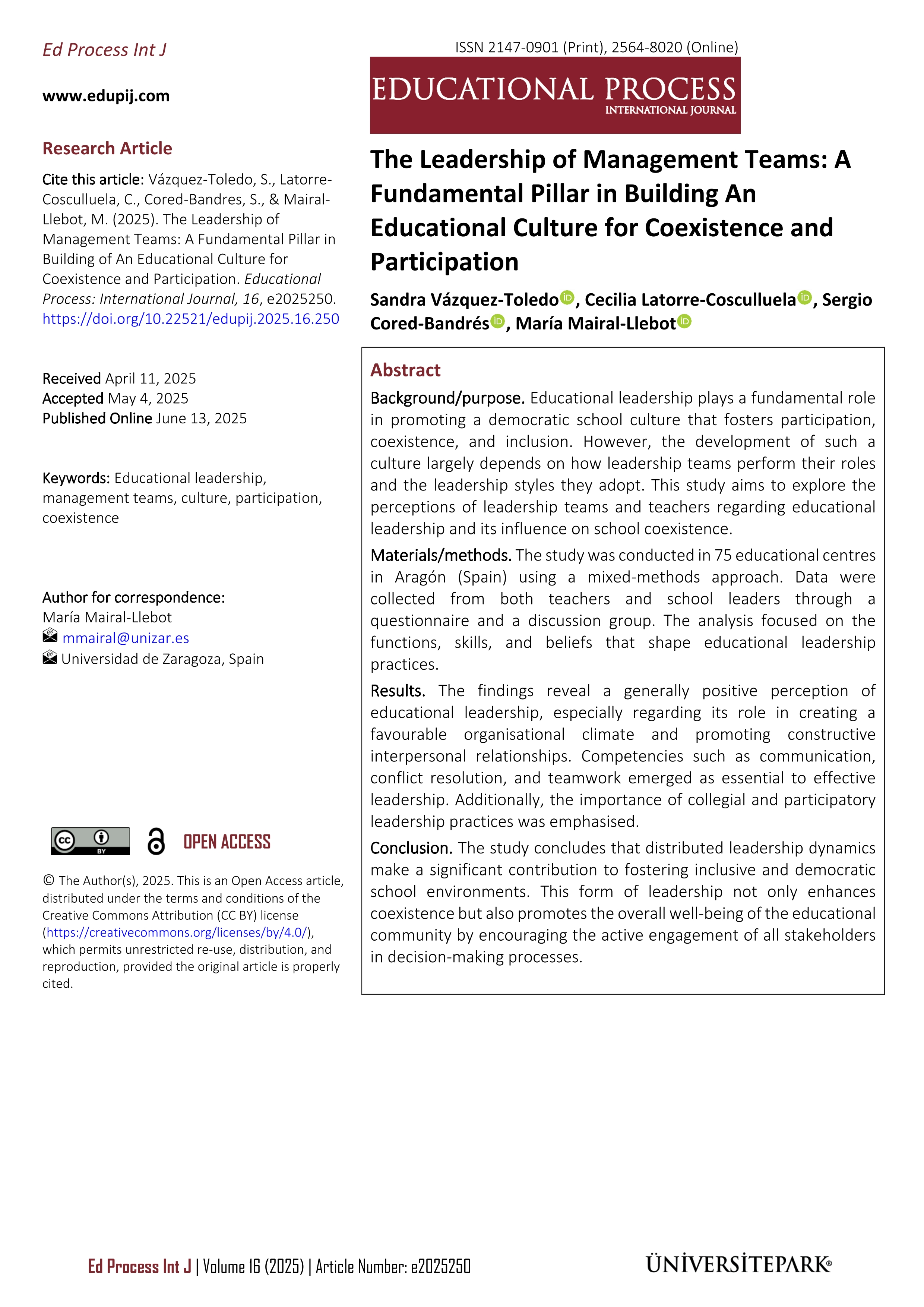 The Leadership of Management Teams: A Fundamental Pillar in Building An Educational Culture for Coexistence and Participation