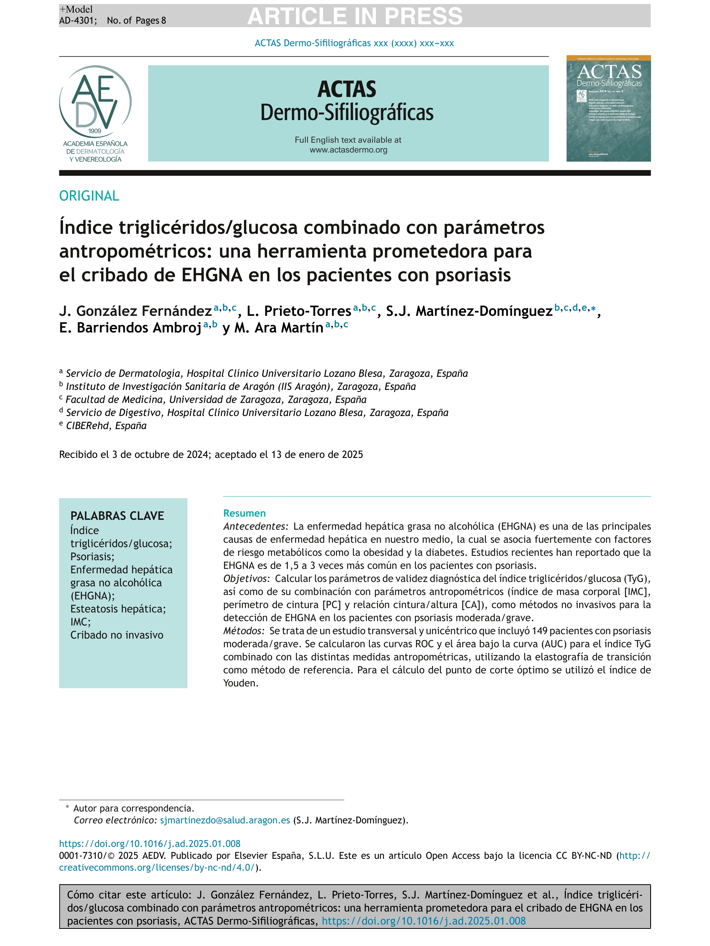 Índice triglicéridos/glucosa combinado con parámetros antropométricos: una herramienta prometedora para el cribado de EHGNA en los pacientes con psoriasis