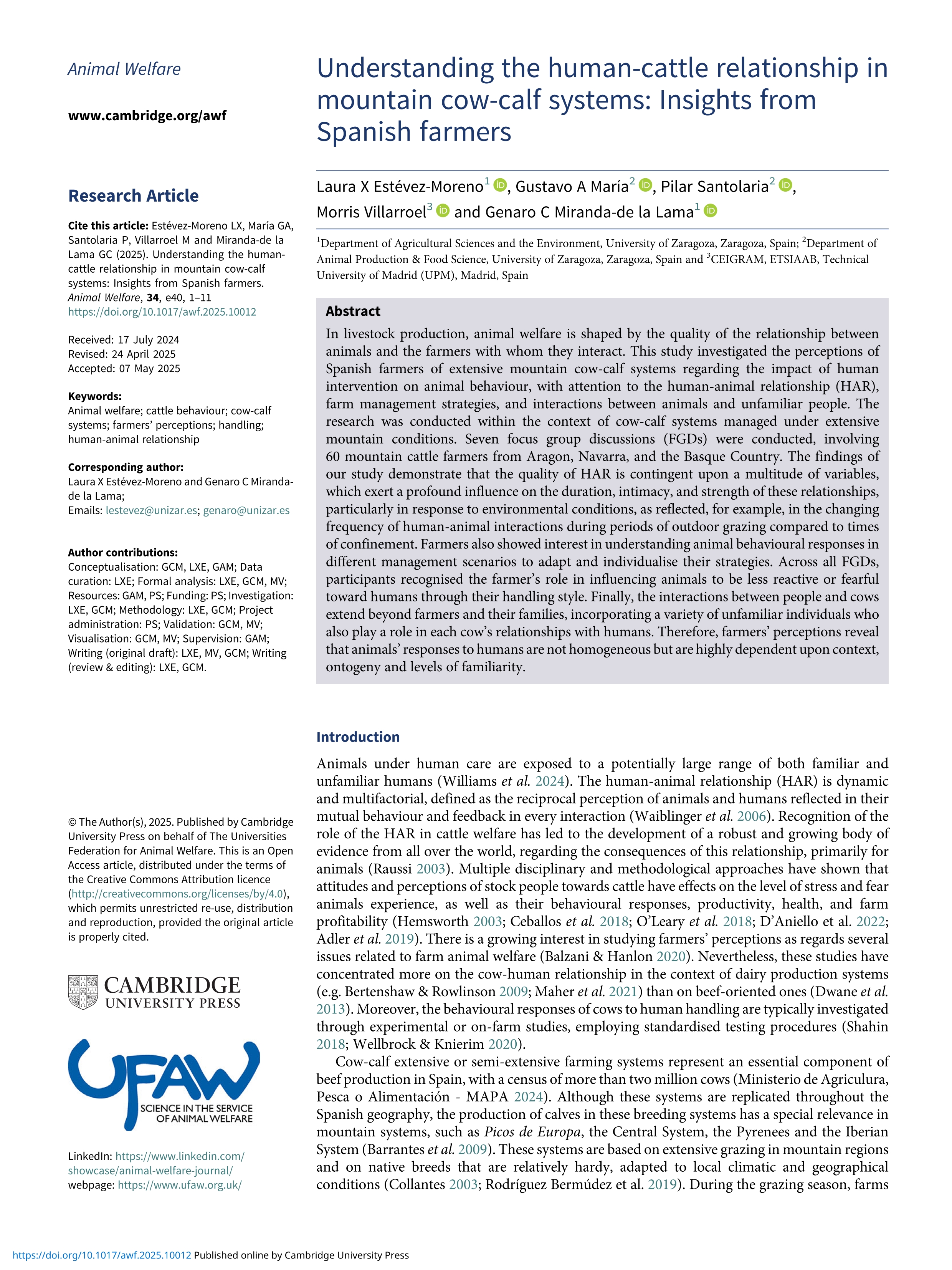 Understanding the human-cattle relationship in mountain cow-calf systems: Insights from Spanish farmers