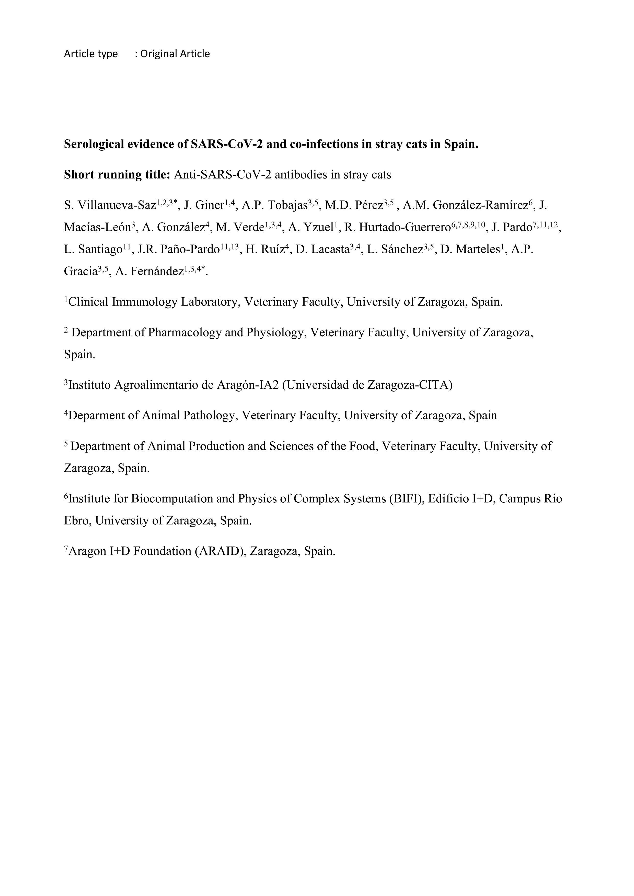 Serological evidence of SARS-CoV-2 and co-infections in stray cats in Spain