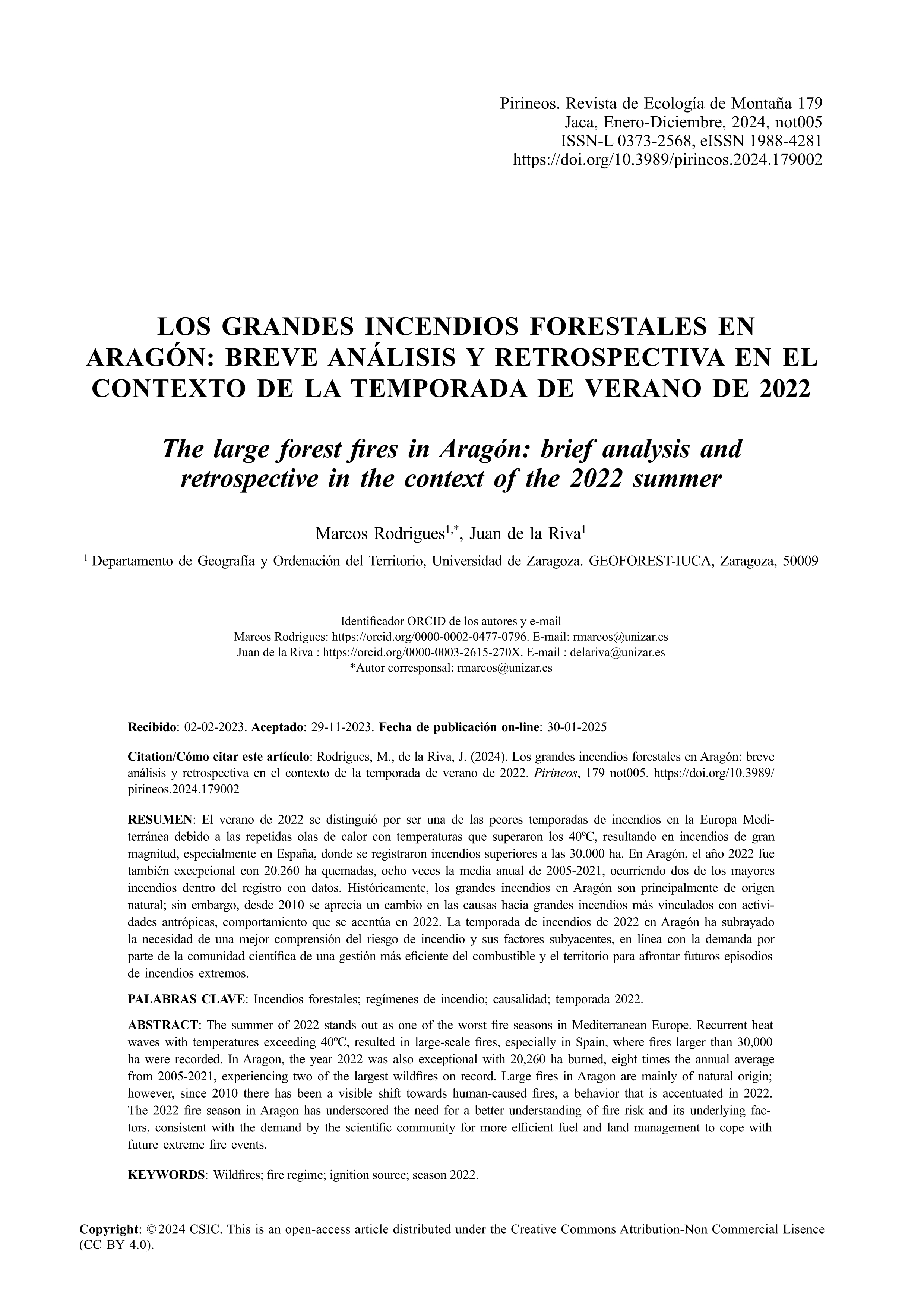 Los grandes incendios forestales en Aragón: breve análisis y retrospectiva en el contexto de la temporada de verano de 2022