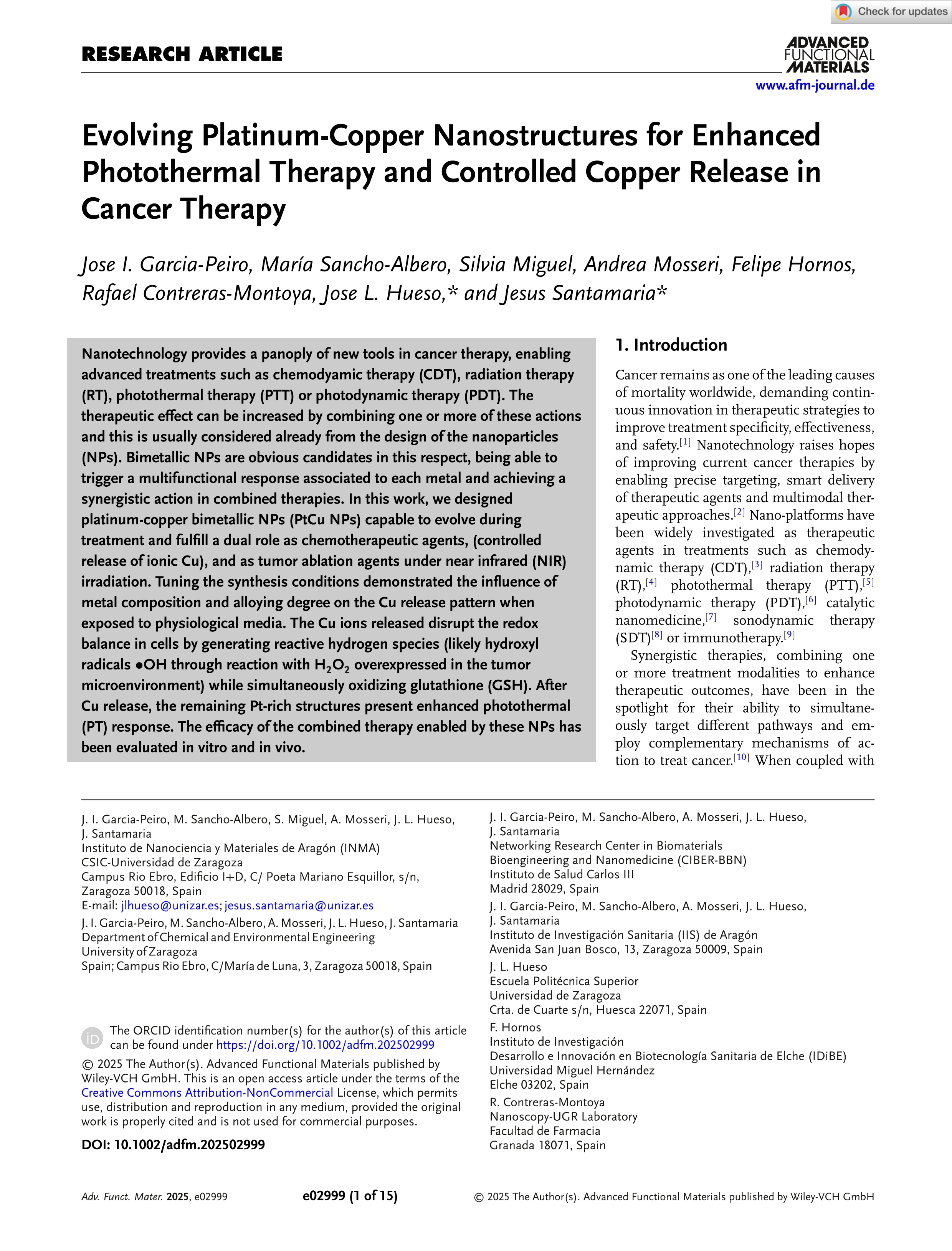 Evolving Platinum‐Copper Nanostructures for Enhanced Photothermal Therapy and Controlled Copper Release in Cancer Therapy