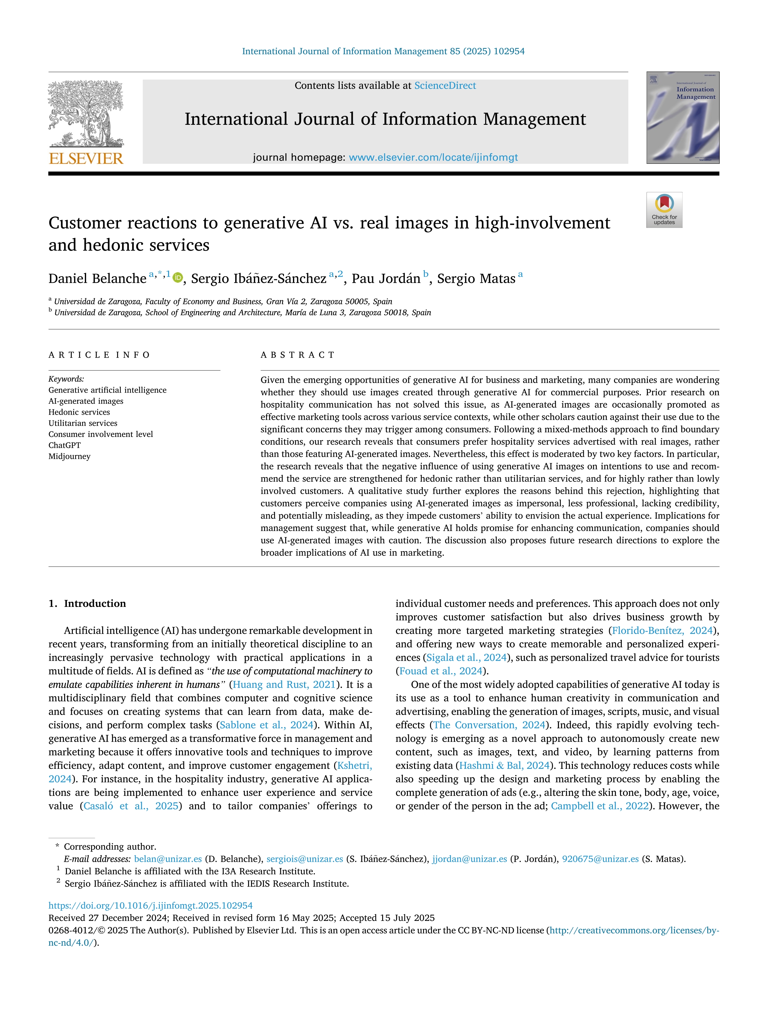 Customer reactions to generative AI vs. real images in high-involvement and hedonic services