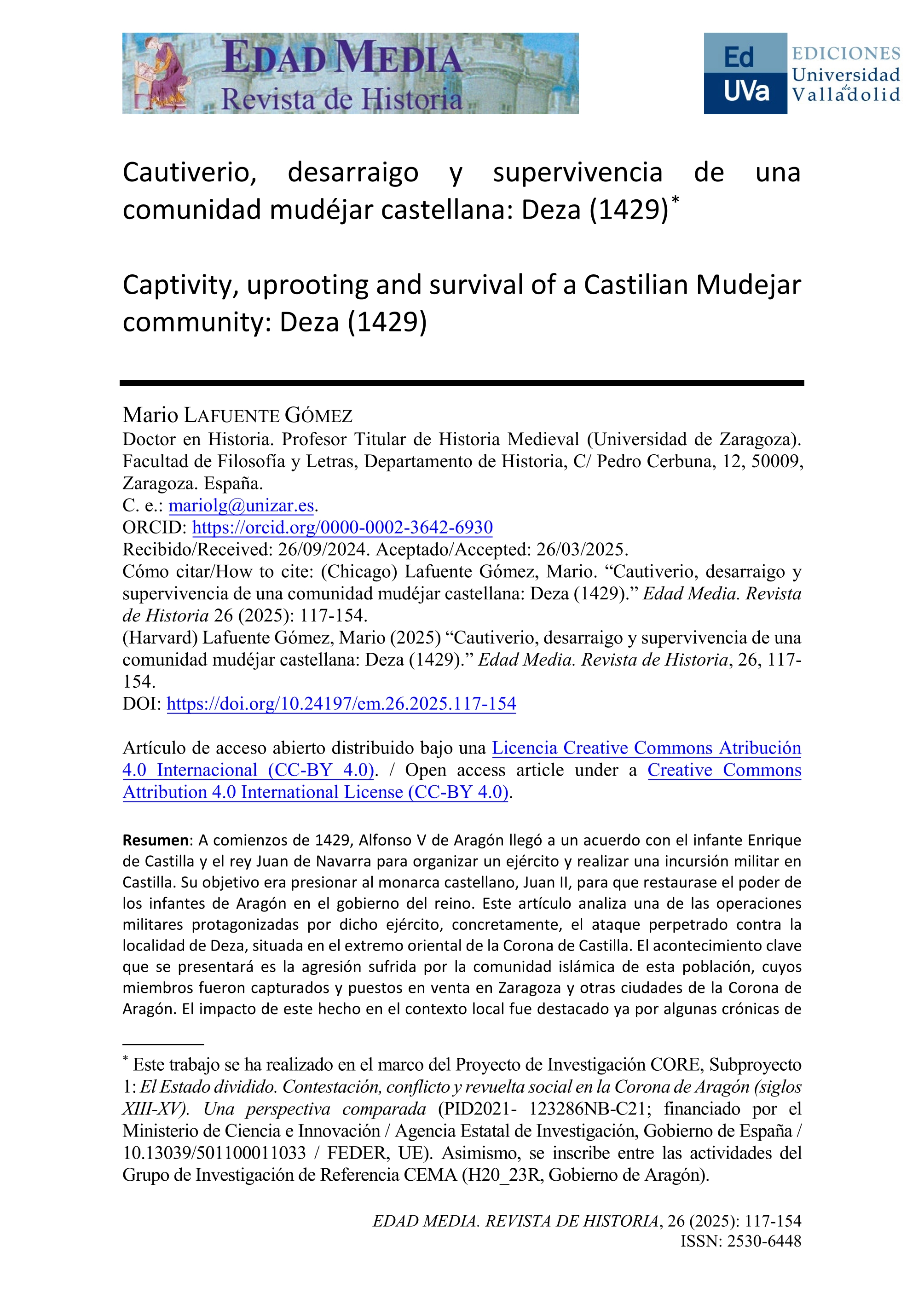 Cautiverio, desarraigo y supervivencia de una comunidad mudéjar castellana: Deza (1429)