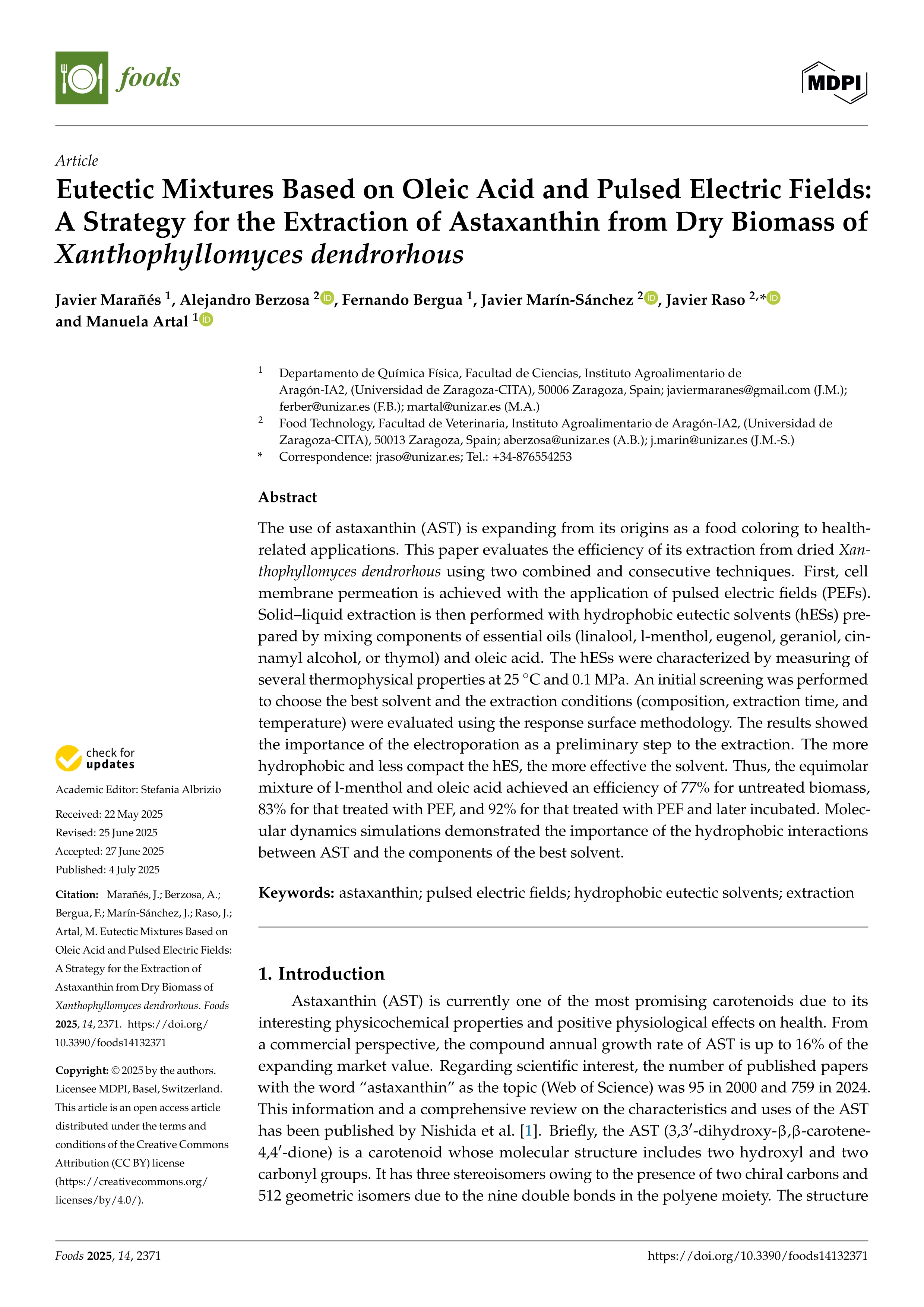 Eutectic Mixtures Based on Oleic Acid and Pulsed Electric Fields: A Strategy for the Extraction of Astaxanthin from Dry Biomass of Xanthophyllomyces dendrorhous