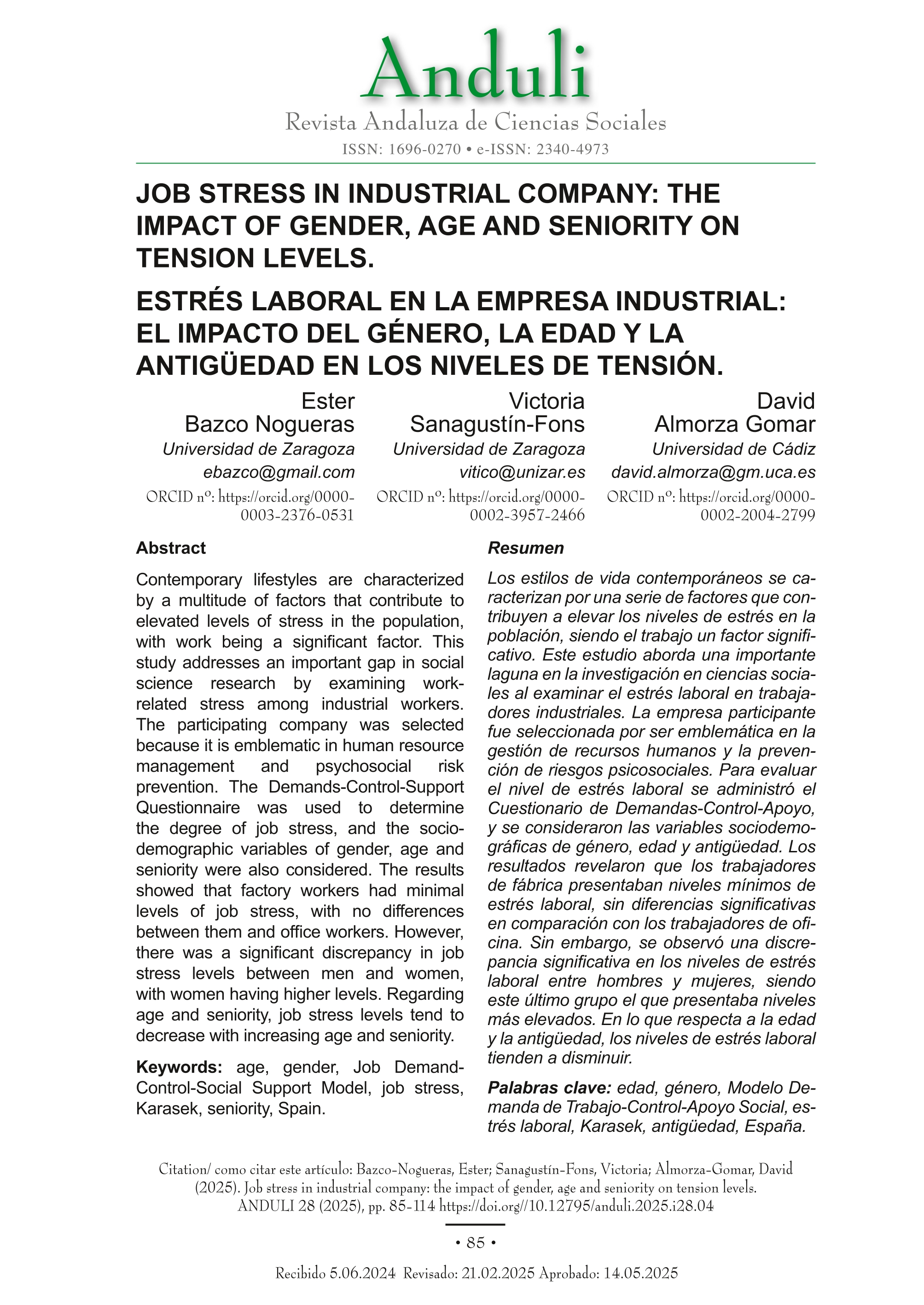 Job stress in industrial company: the impact of gender, age and seniority on tension levels.