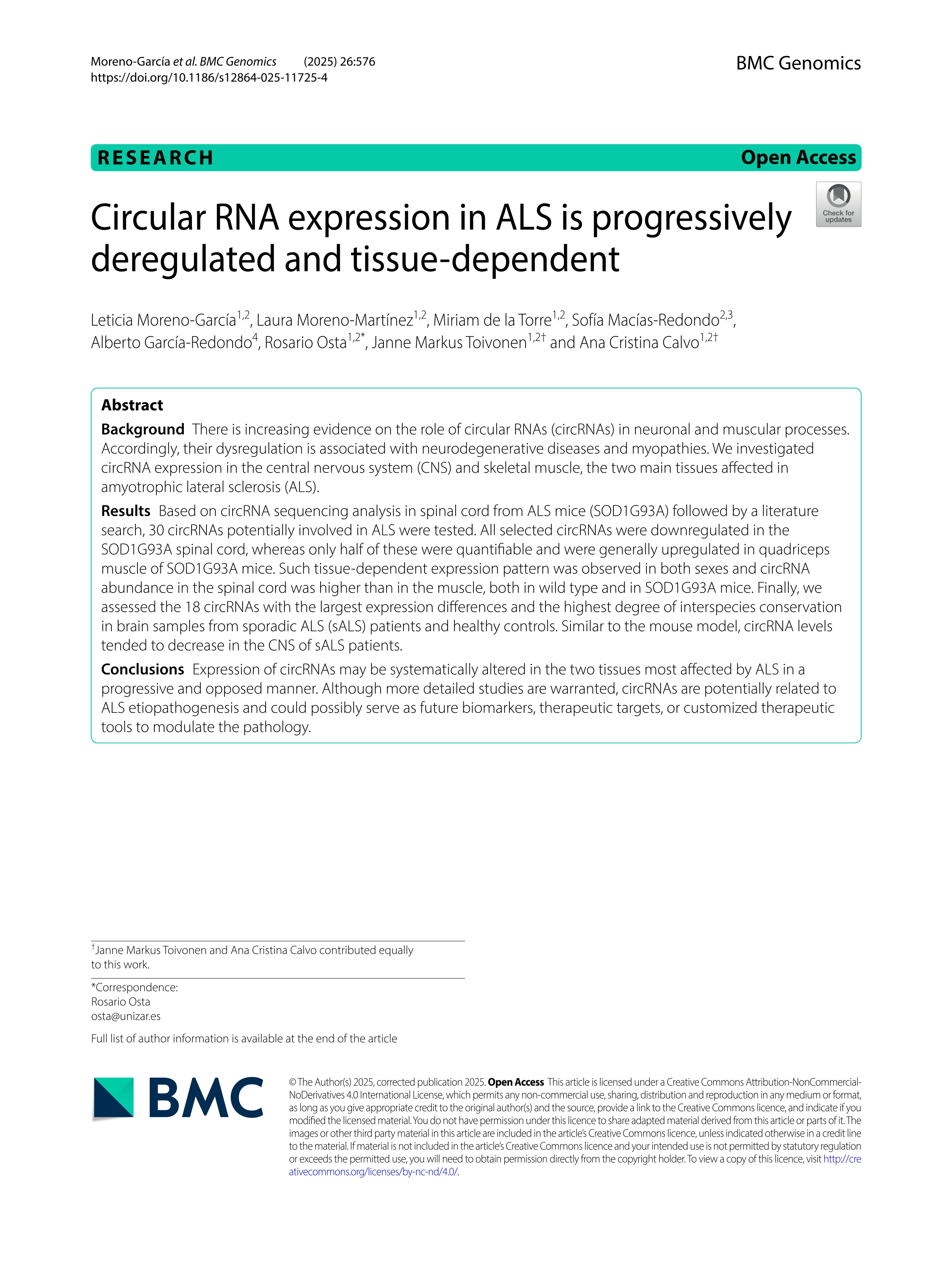 Circular RNA expression in ALS is progressively deregulated and tissue-dependent
