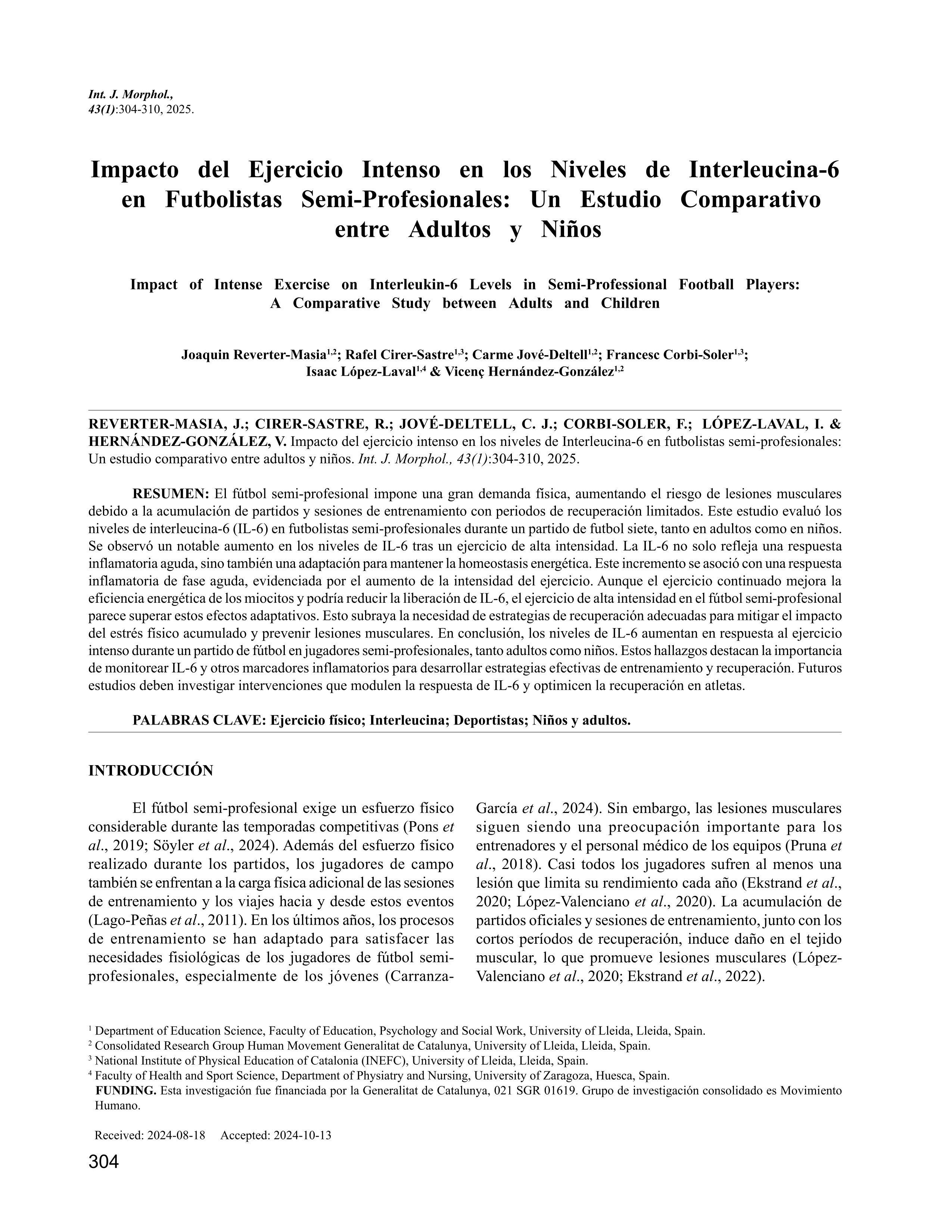 Impacto del Ejercicio Intenso en los Niveles de Interleucina-6 en Futbolistas Semi-Profesionales: Un Estudio Comparativo entre Adultos y Niños