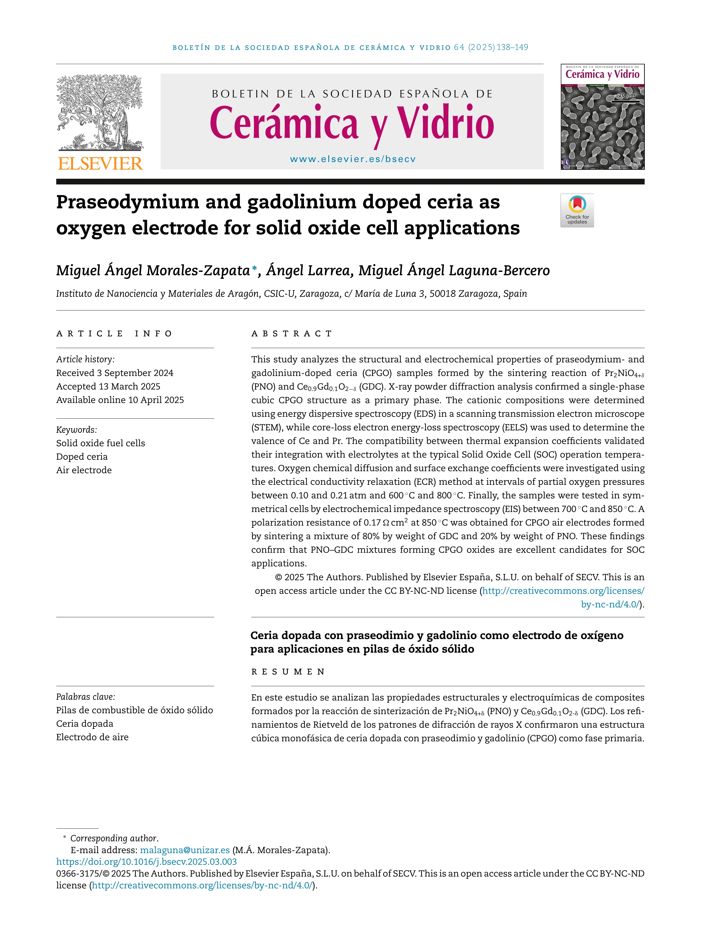 Praseodymium and gadolinium doped ceria as oxygen electrode for solid oxide cell applications