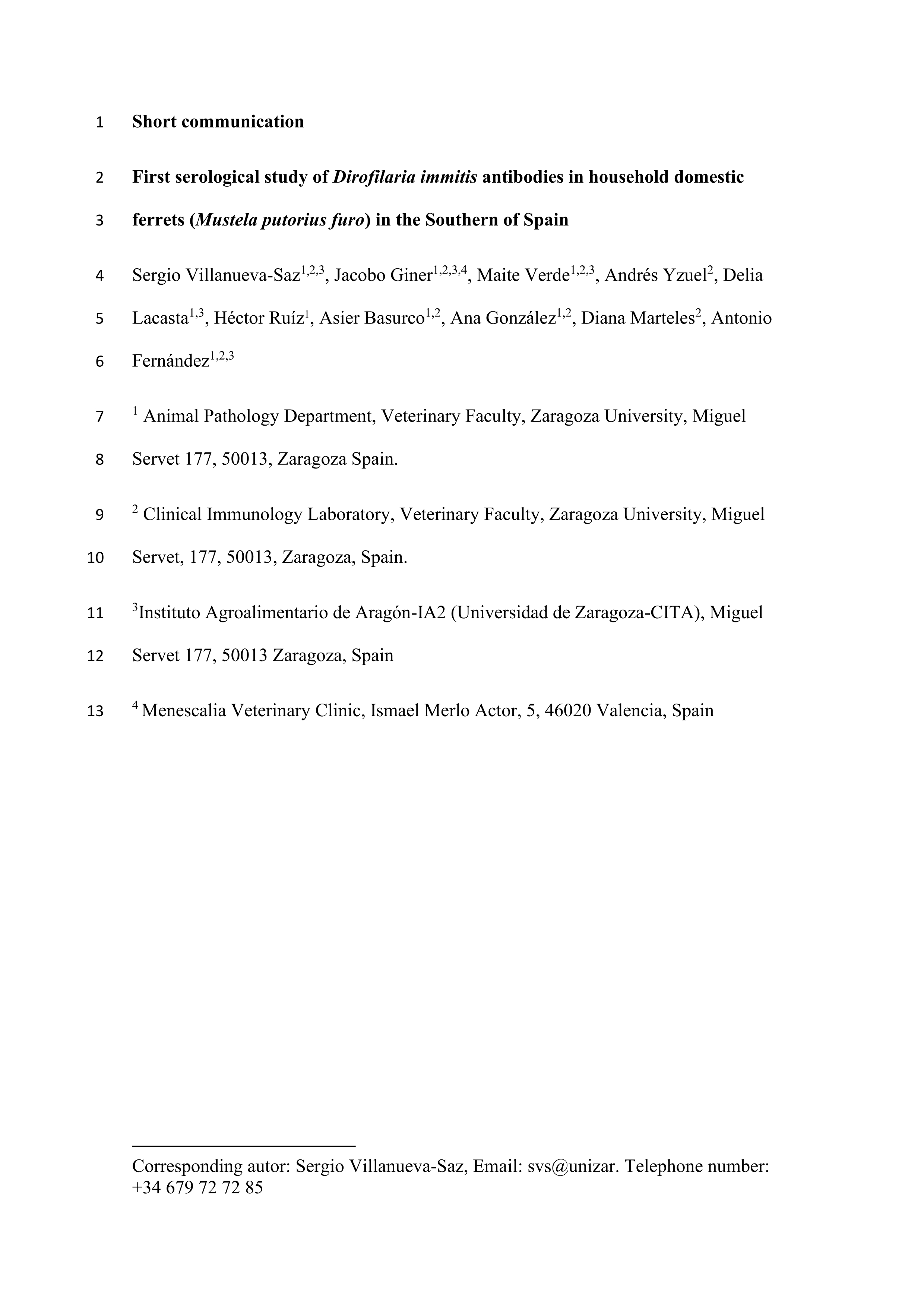 First serological study of Dirofilaria immitis antibodies in household domestic ferrets (Mustela putorius furo) in southern Spain – Short communication